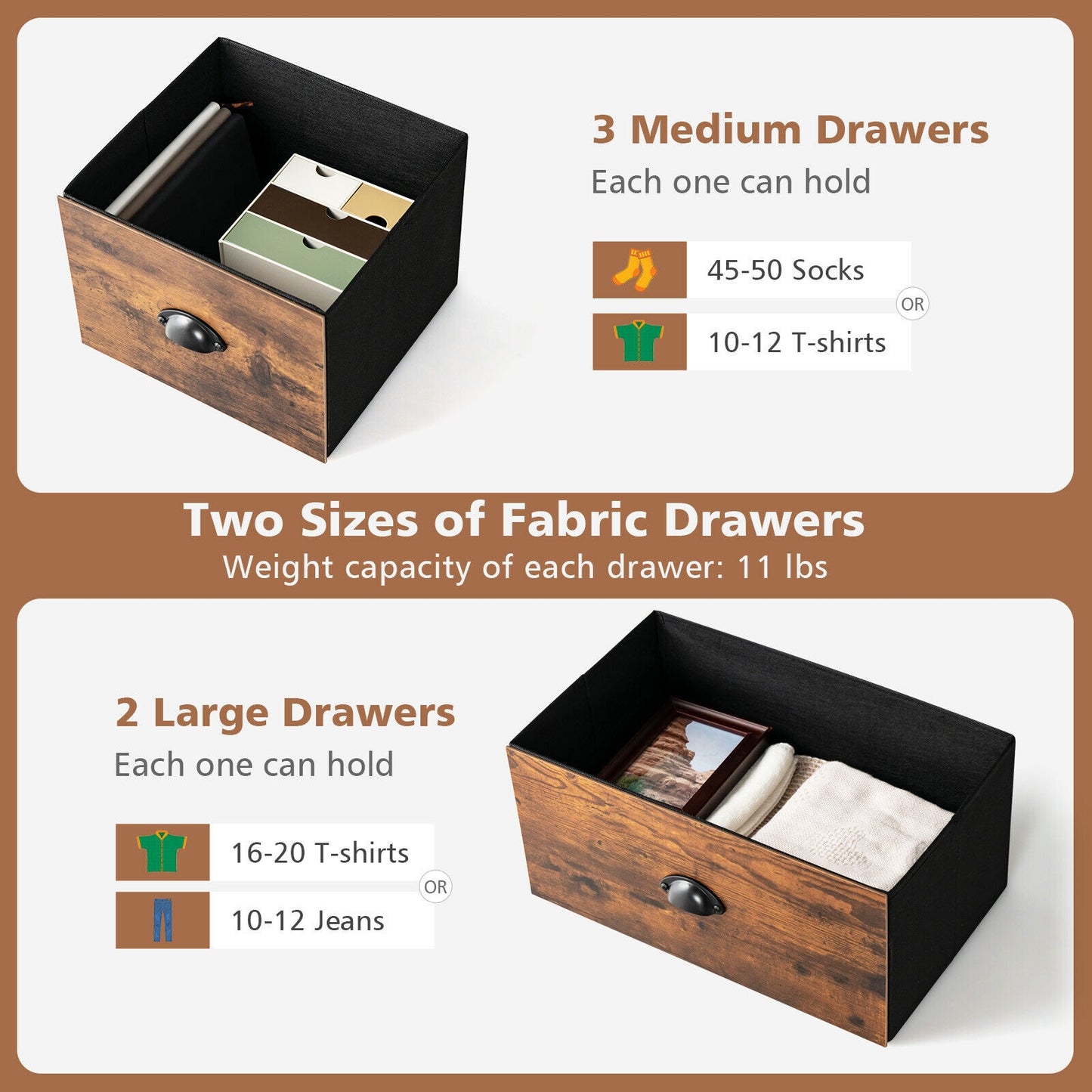 Rustic 5 Drawer Storage Dresser with Wooden Top