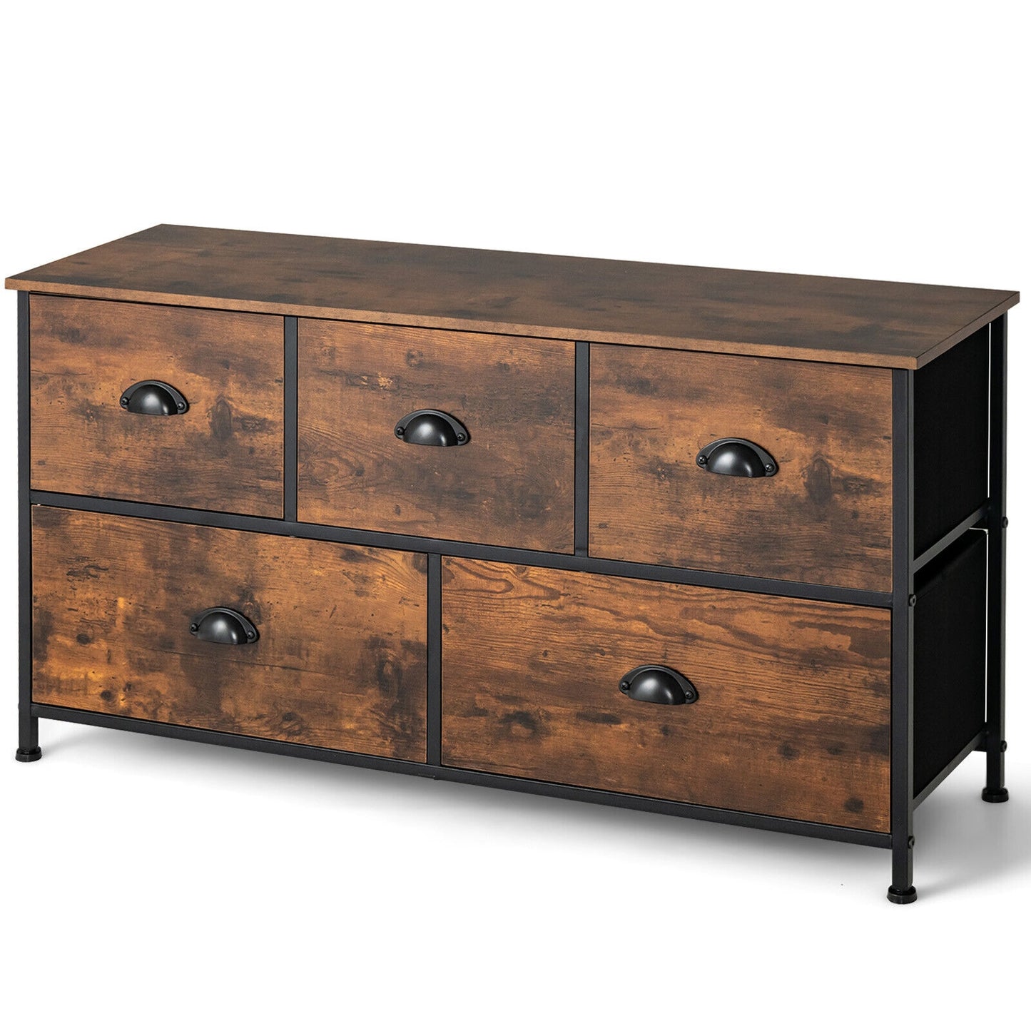 Rustic 5 Drawer Storage Dresser with Wooden Top