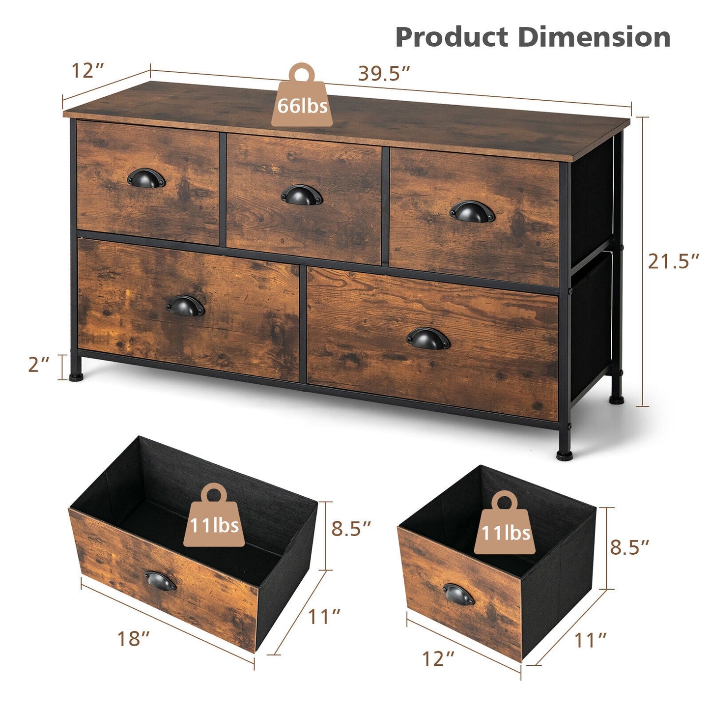 Rustic 5 Drawer Storage Dresser with Wooden Top