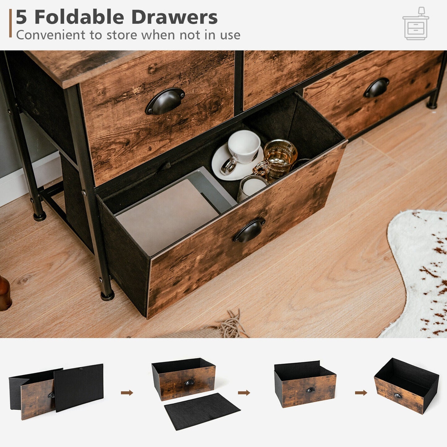 Rustic 5 Drawer Storage Dresser with Wooden Top