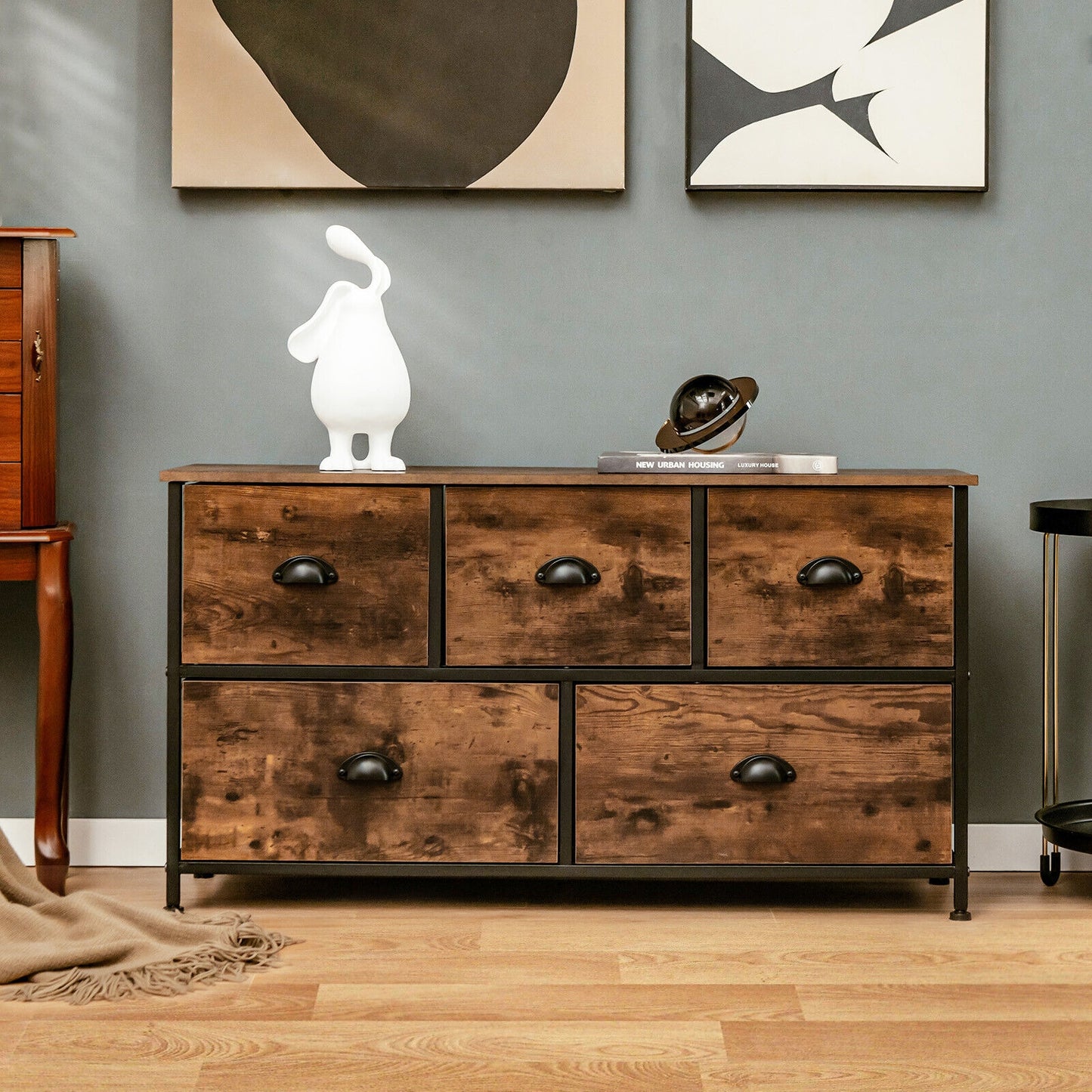Rustic 5 Drawer Storage Dresser with Wooden Top