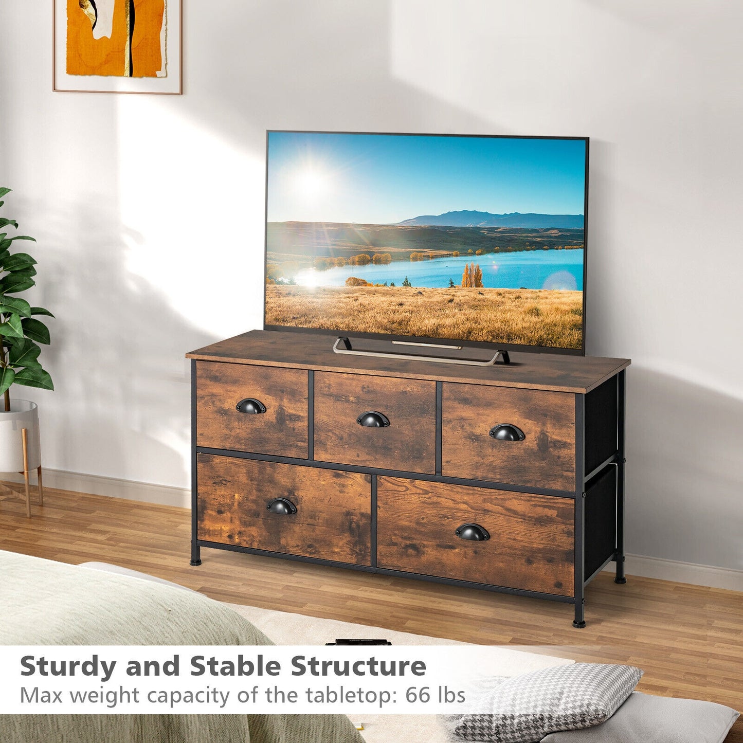Rustic 5 Drawer Storage Dresser with Wooden Top