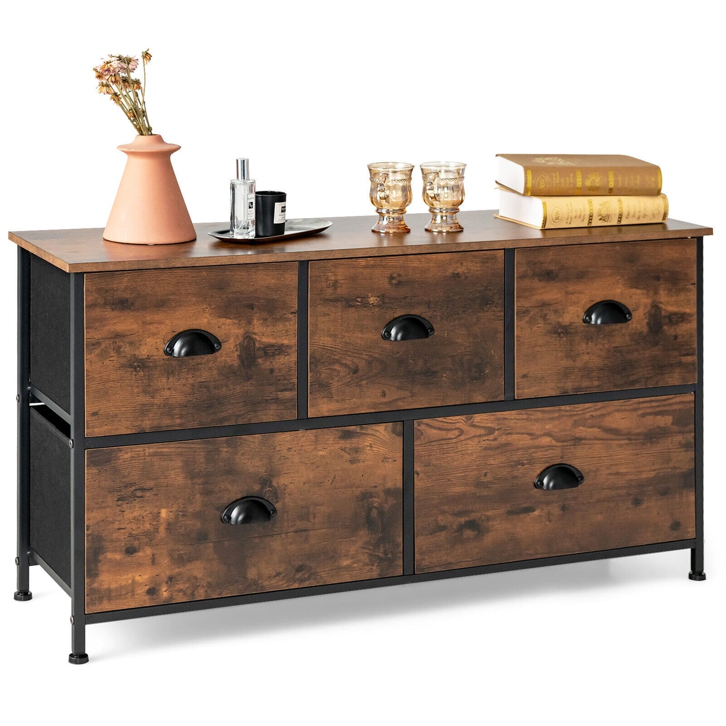 Rustic 5 Drawer Storage Dresser with Wooden Top