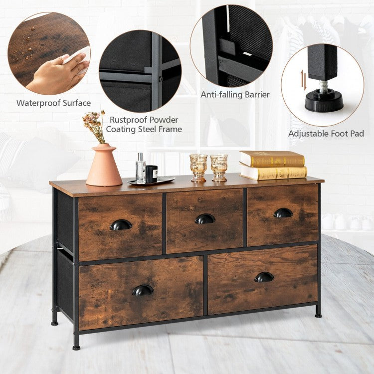 Rustic 5 Drawer Storage Dresser with Wooden Top