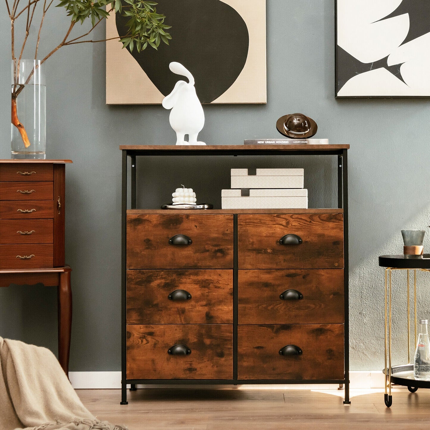 Rustic Brown 6 Drawer Dresser with Wood Top and Open Storage Shelves
