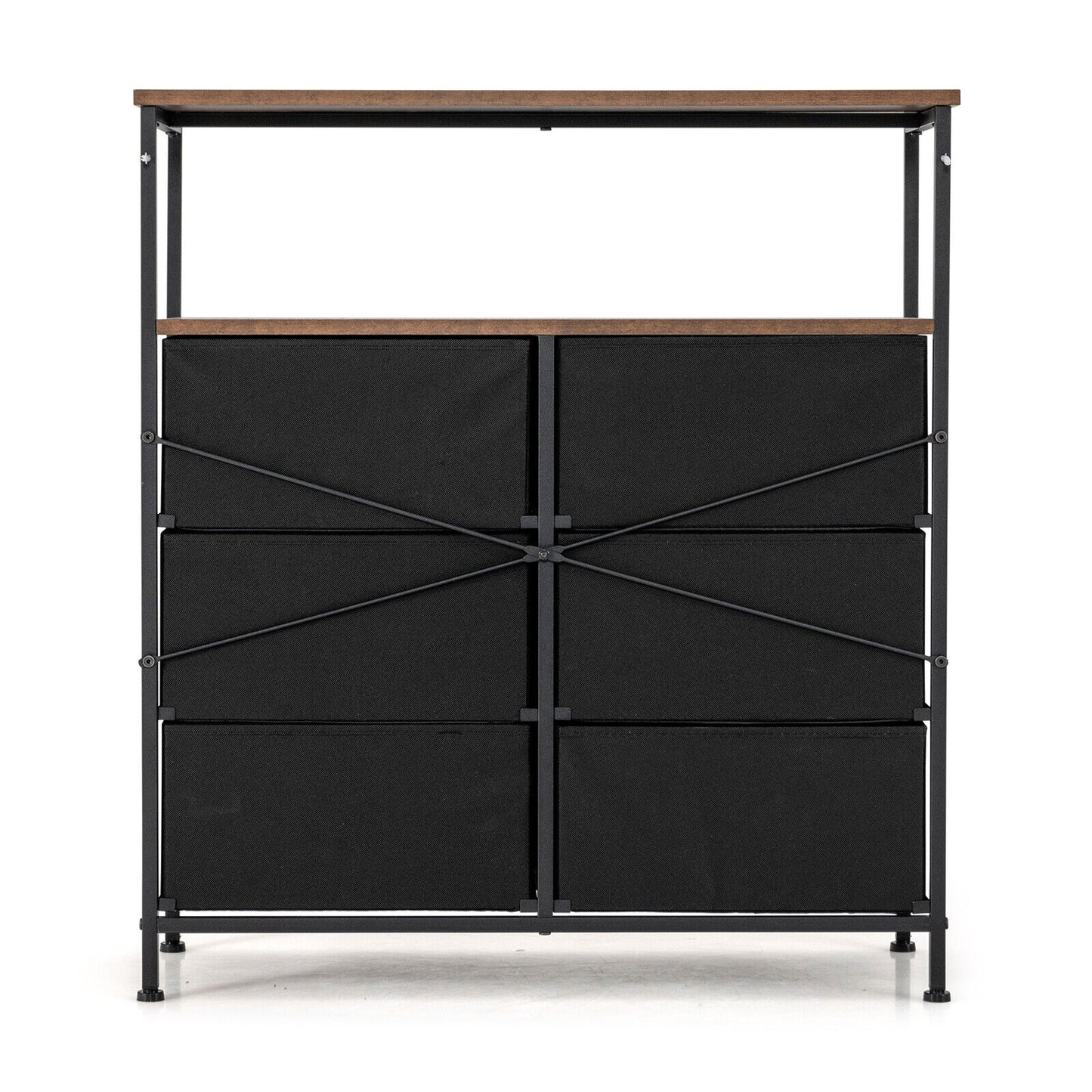 Rustic Brown 6 Drawer Dresser with Wood Top and Open Storage Shelves
