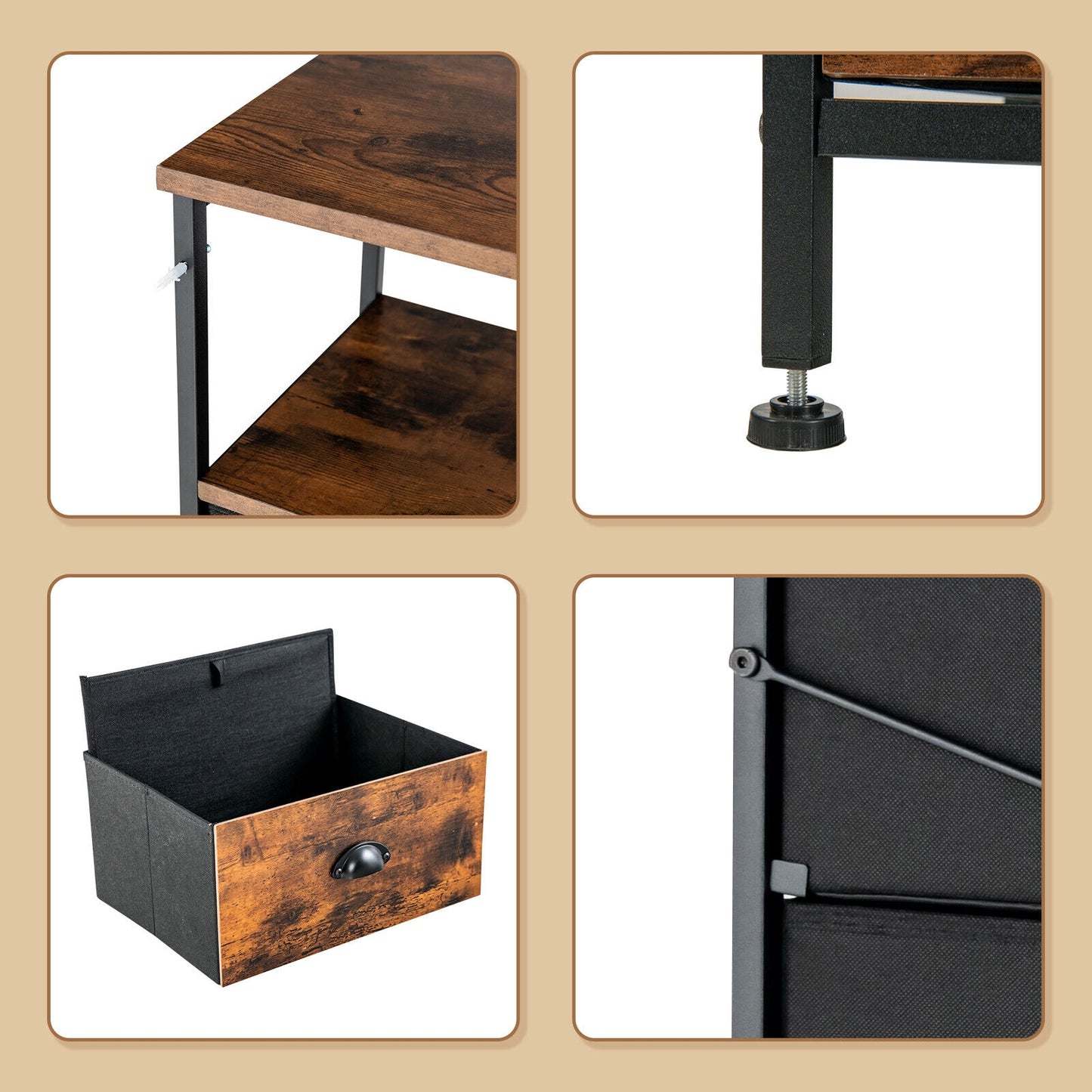 Rustic Brown 6 Drawer Dresser with Wood Top and Open Storage Shelves