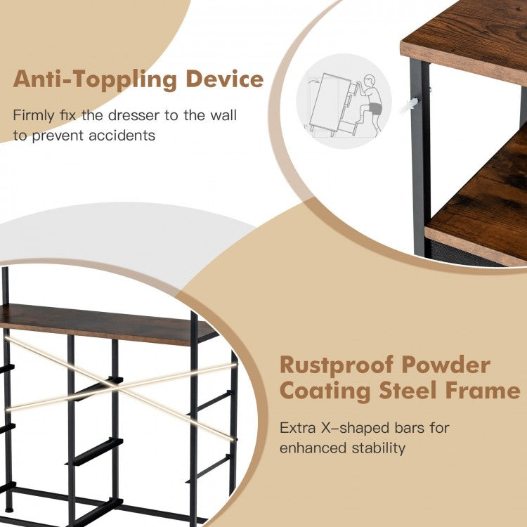 Rustic Brown 6 Drawer Dresser with Wood Top and Open Storage Shelves