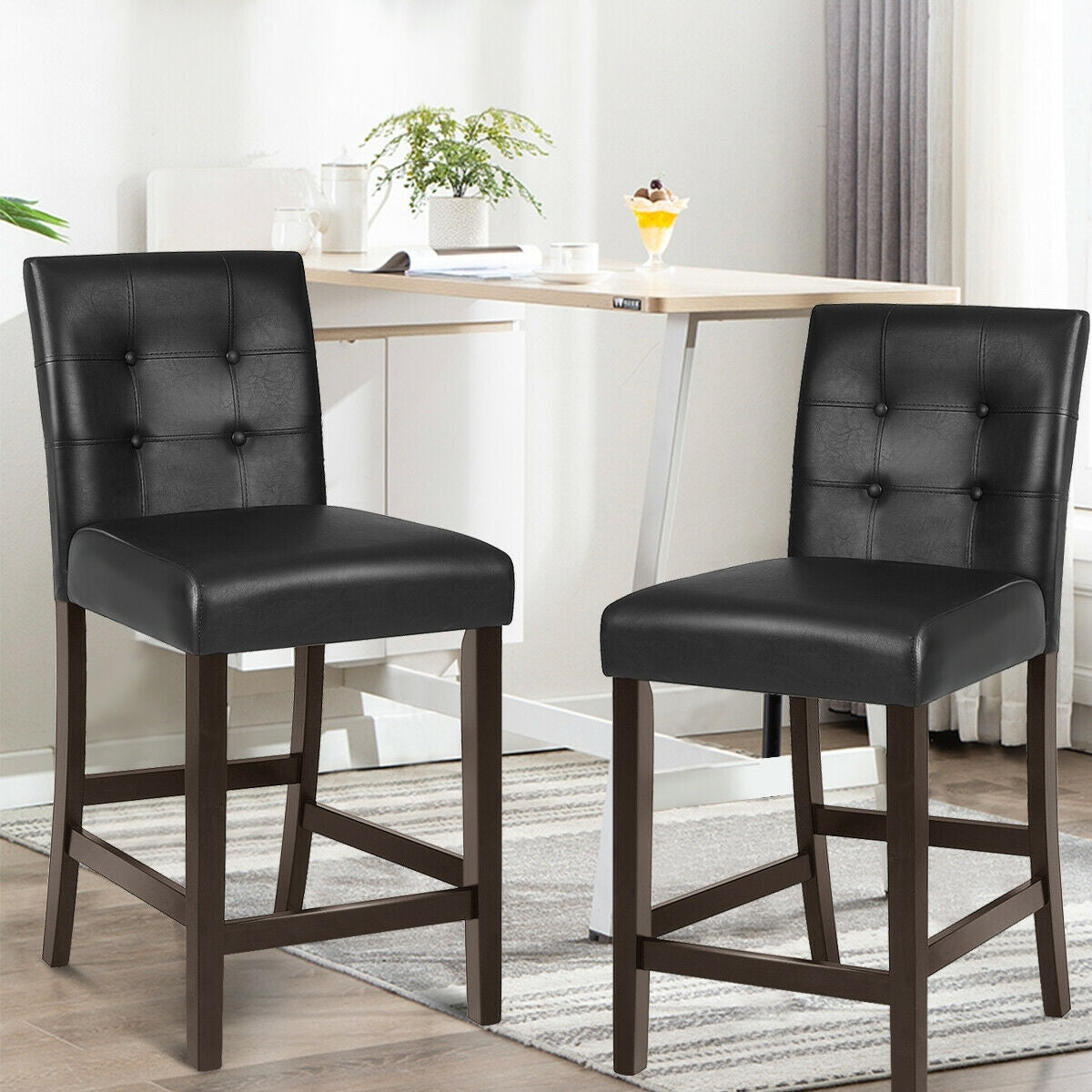 Set of 2 Stylish PVC Leather Bar Stools with Upholstered Back and Footrests