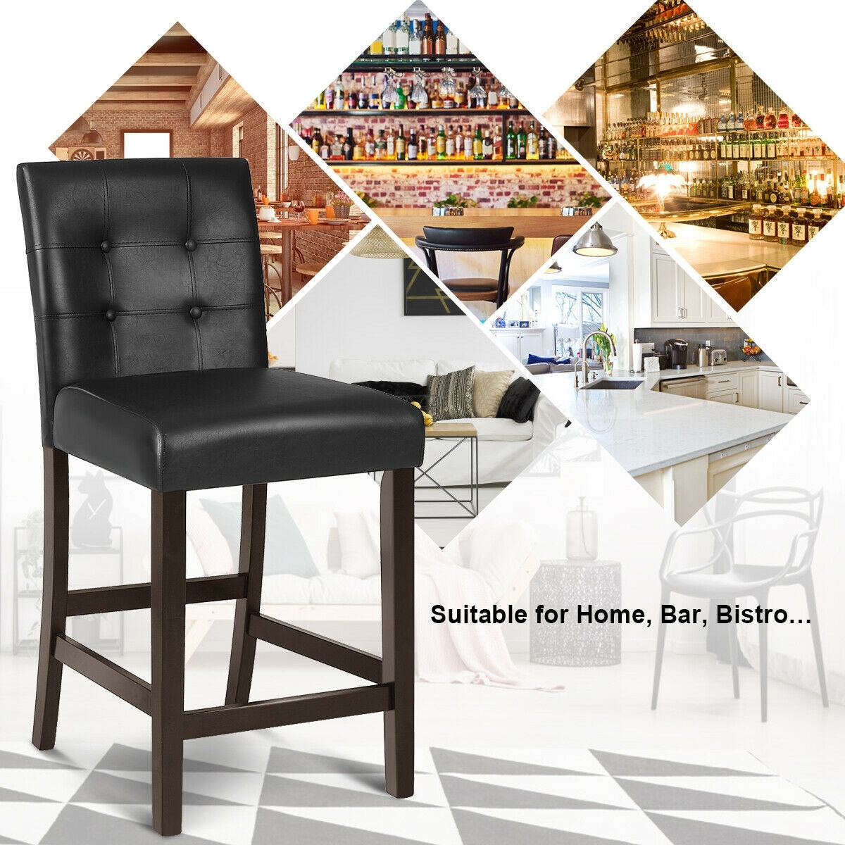 Set of 2 Stylish PVC Leather Bar Stools with Upholstered Back and Footrests