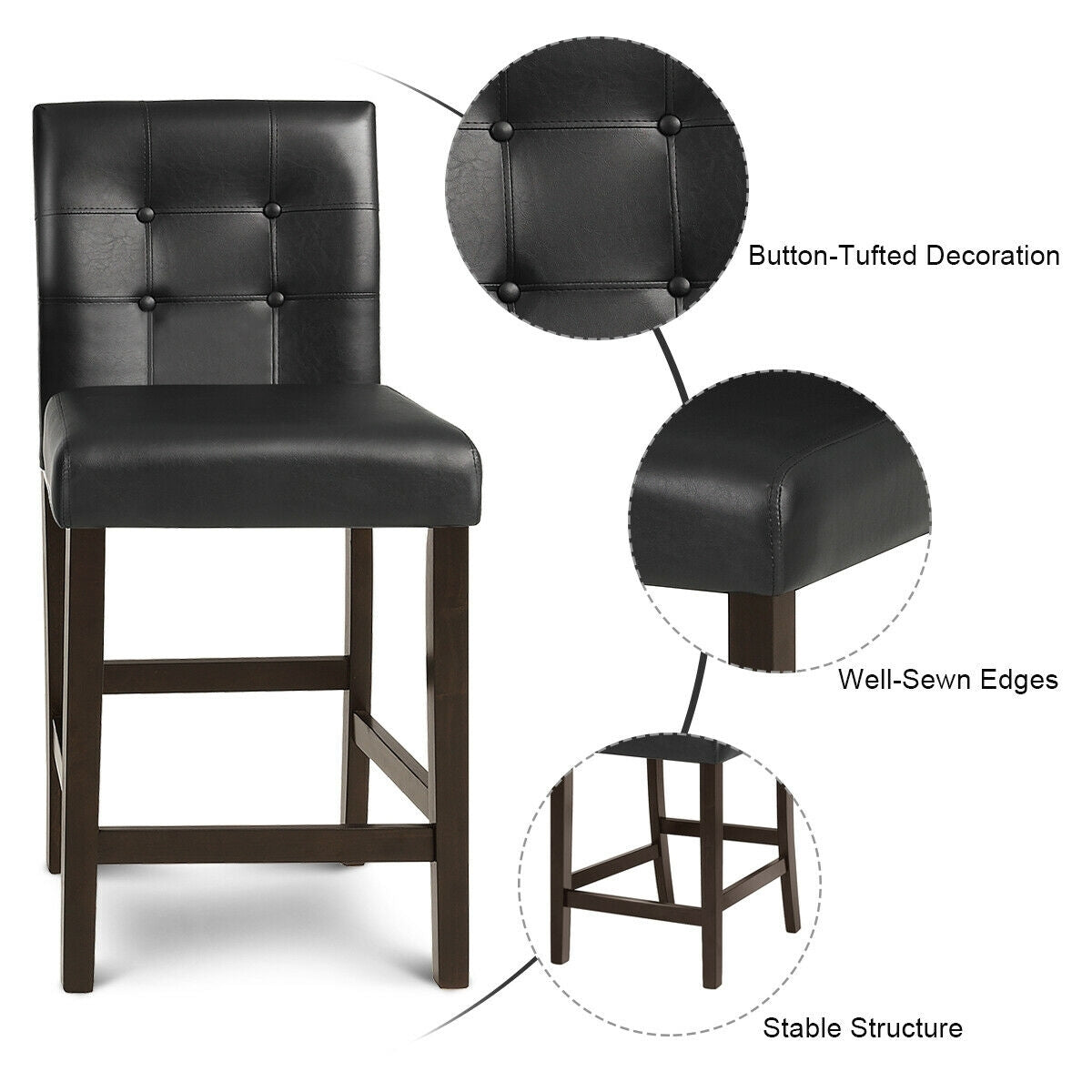 Set of 2 Stylish PVC Leather Bar Stools with Upholstered Back and Footrests