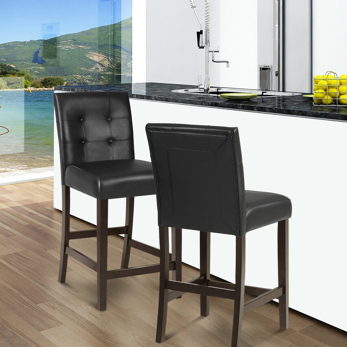 Set of 2 Stylish PVC Leather Bar Stools with Upholstered Back and Footrests