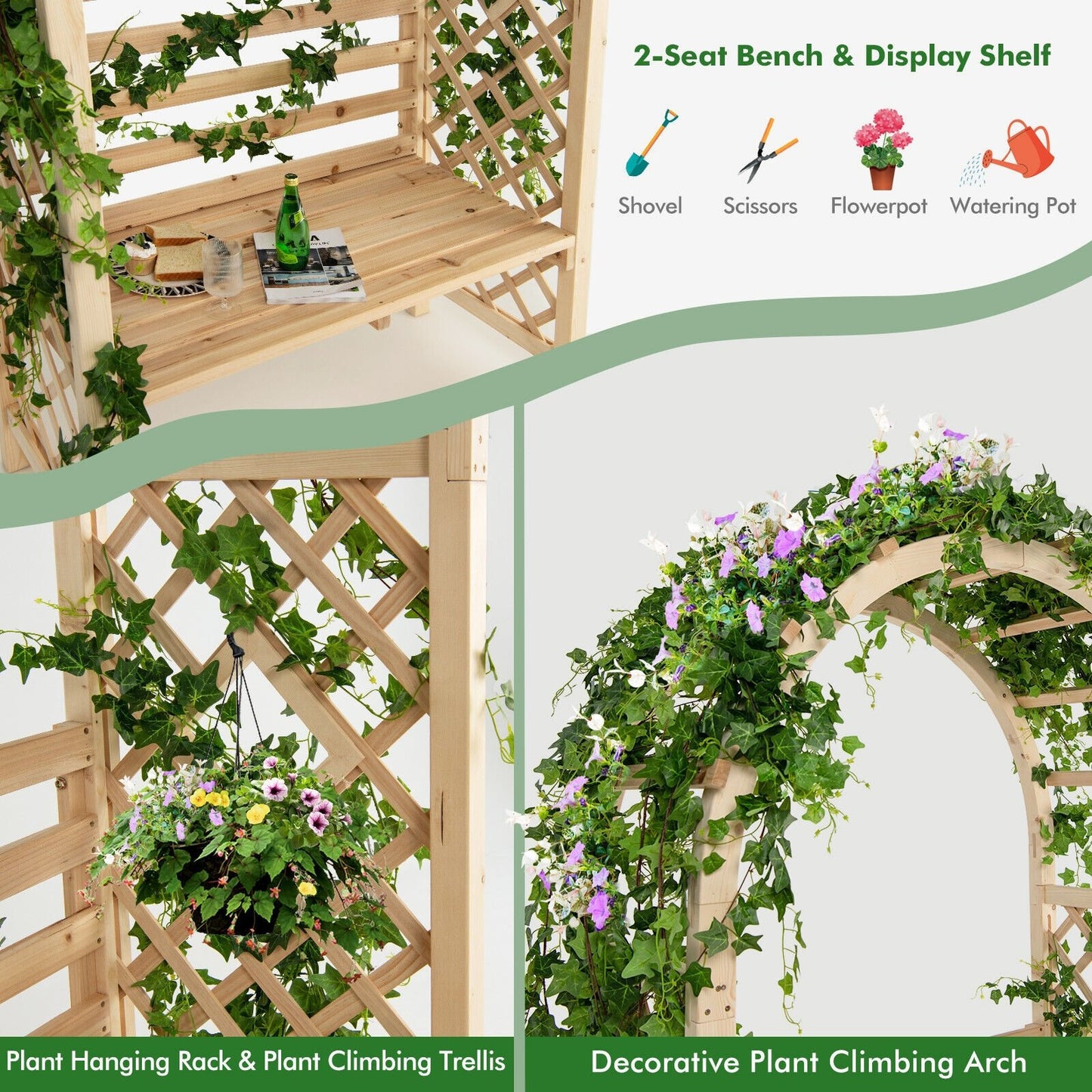 2-in-1 Garden Arch Bench with Climbing Trellis and Storage, Natural Fir Wood