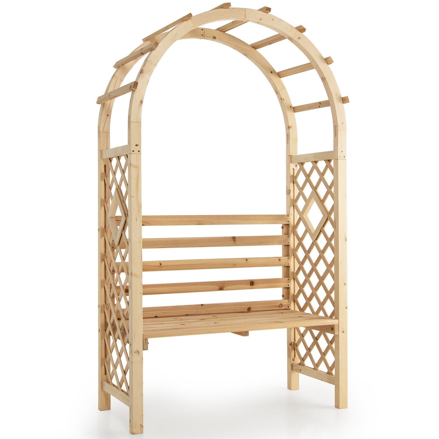 2-in-1 Garden Arch Bench with Climbing Trellis and Storage, Natural Fir Wood