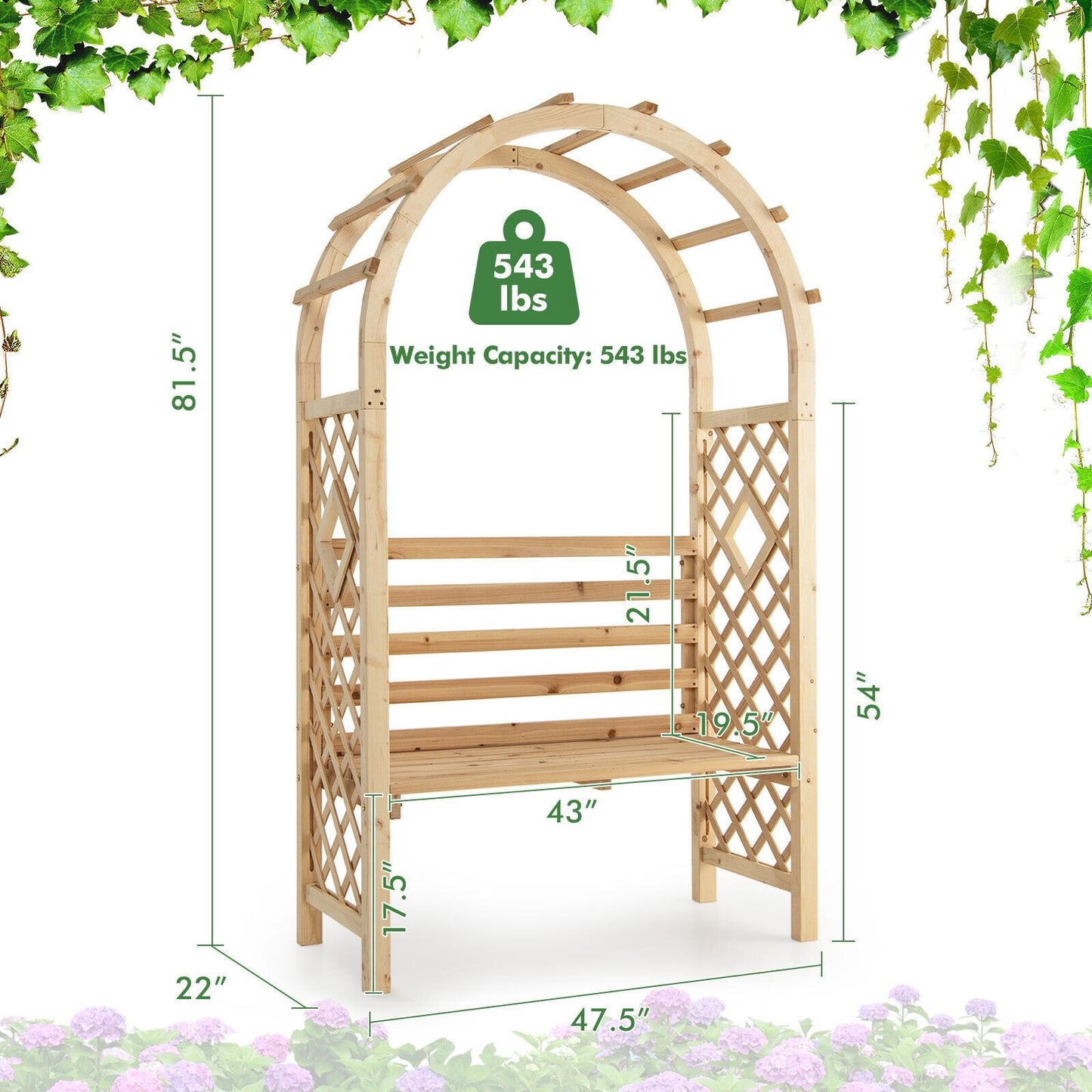 2-in-1 Garden Arch Bench with Climbing Trellis and Storage, Natural Fir Wood
