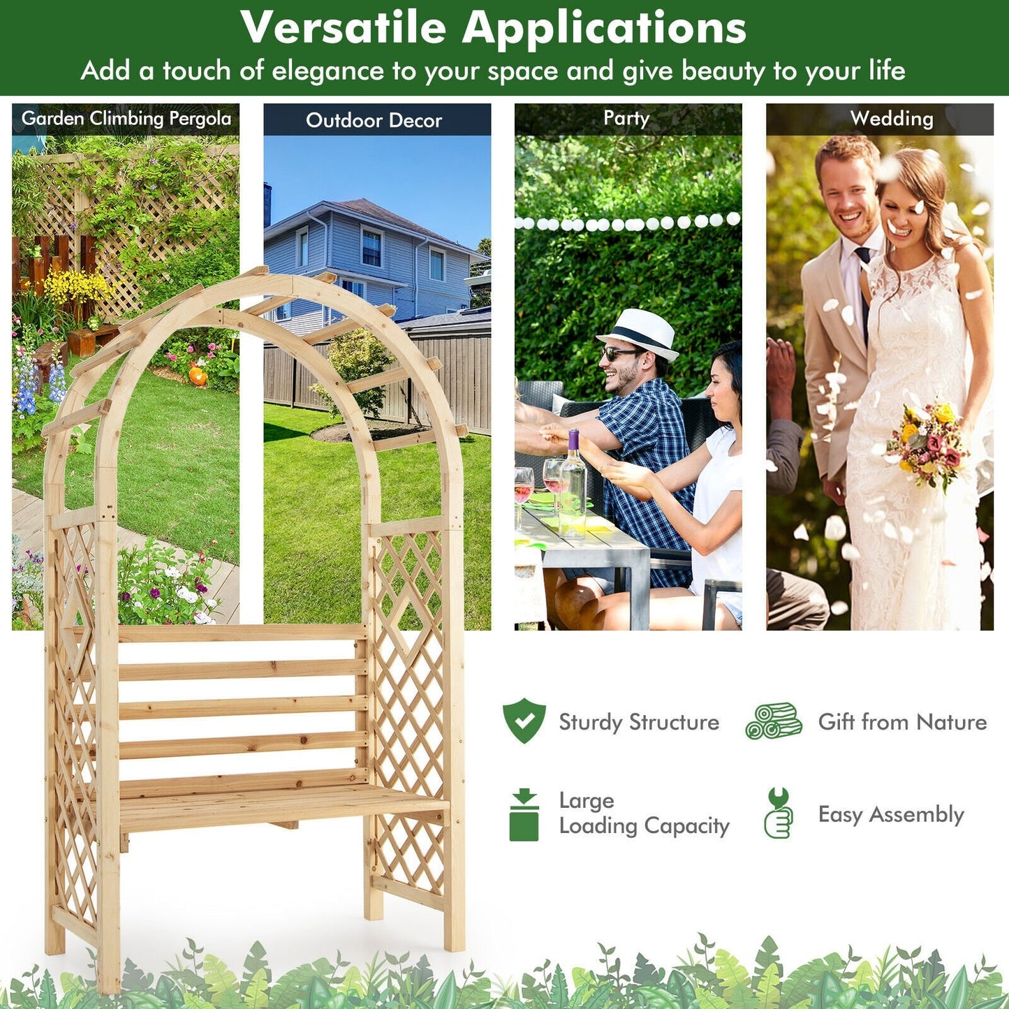 2-in-1 Garden Arch Bench with Climbing Trellis and Storage, Natural Fir Wood