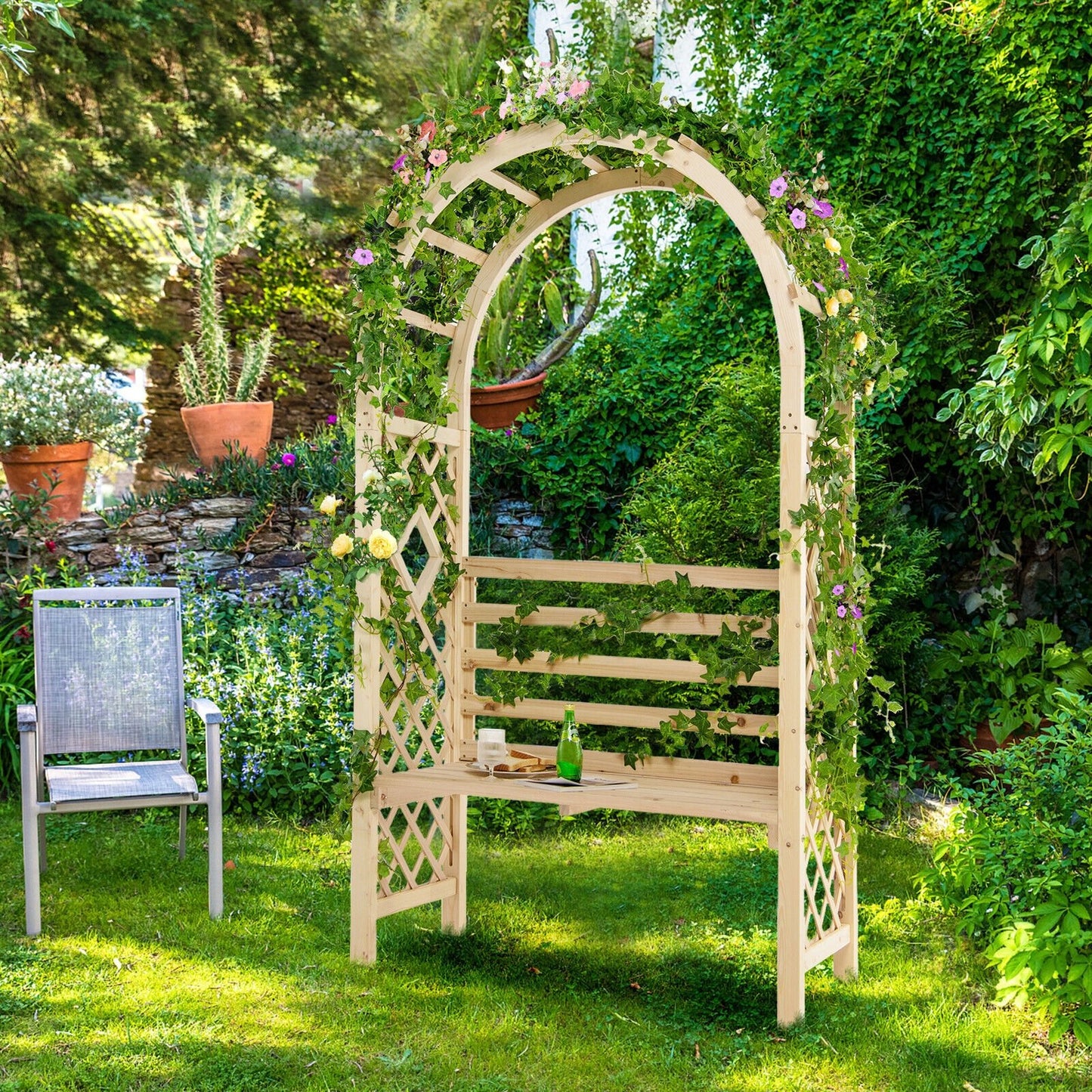 2-in-1 Garden Arch Bench with Climbing Trellis and Storage, Natural Fir Wood