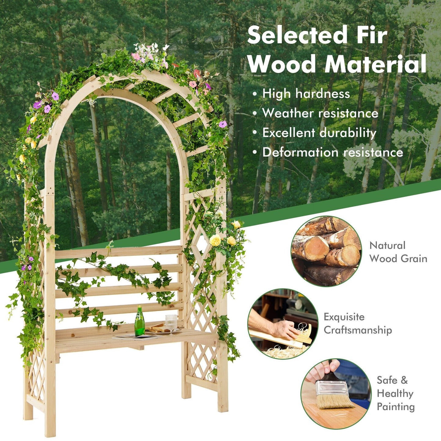 2-in-1 Garden Arch Bench with Climbing Trellis and Storage, Natural Fir Wood