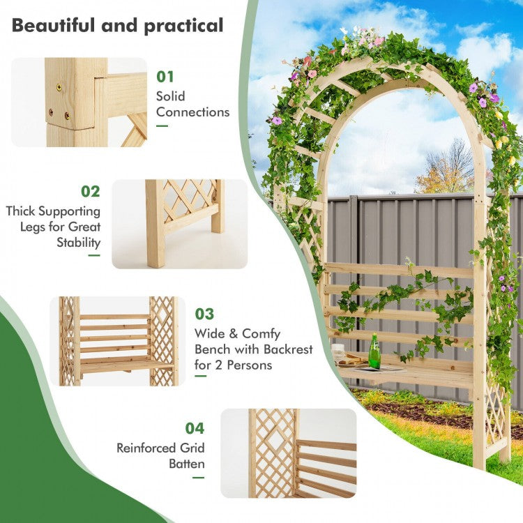 2-in-1 Garden Arch Bench with Climbing Trellis and Storage, Natural Fir Wood