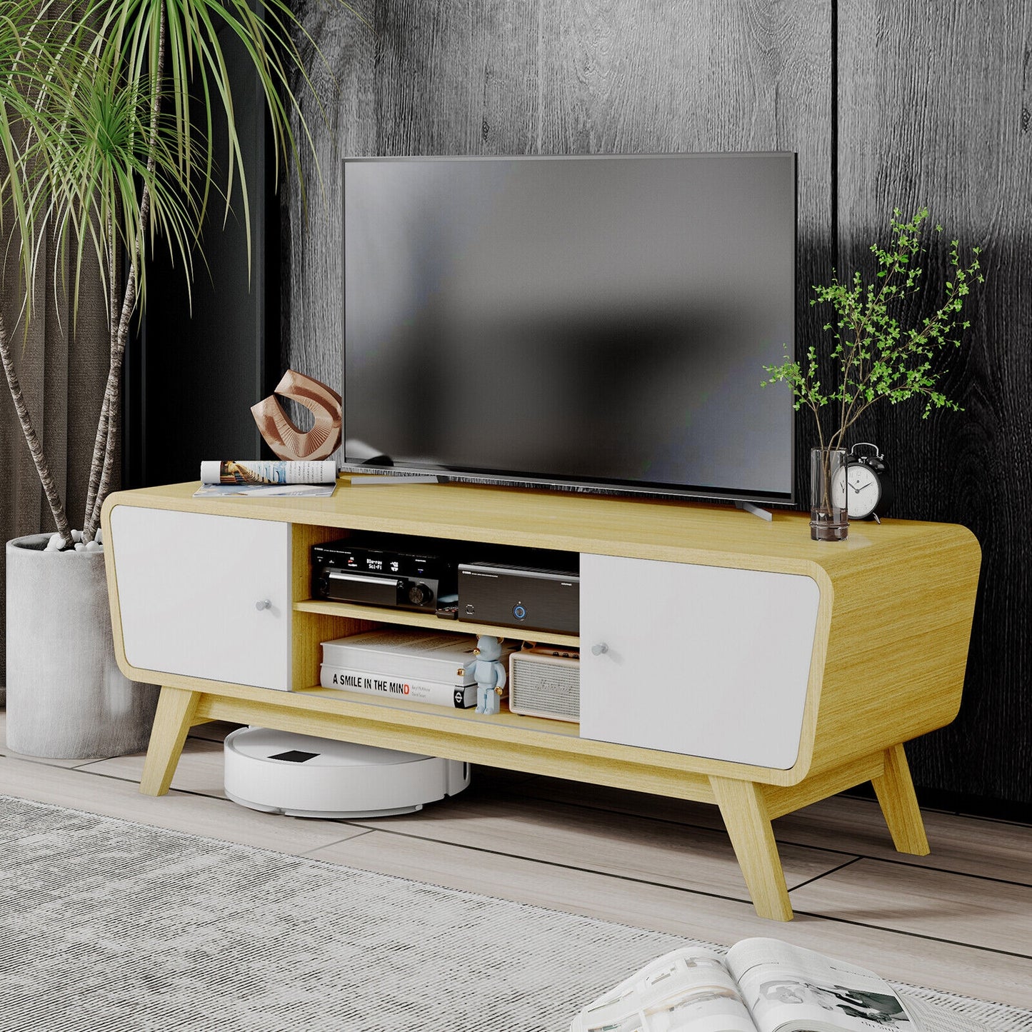 Mid Century Modern TV Stand with Sliding Doors for TVs up to 55 Inches in Natural Finish