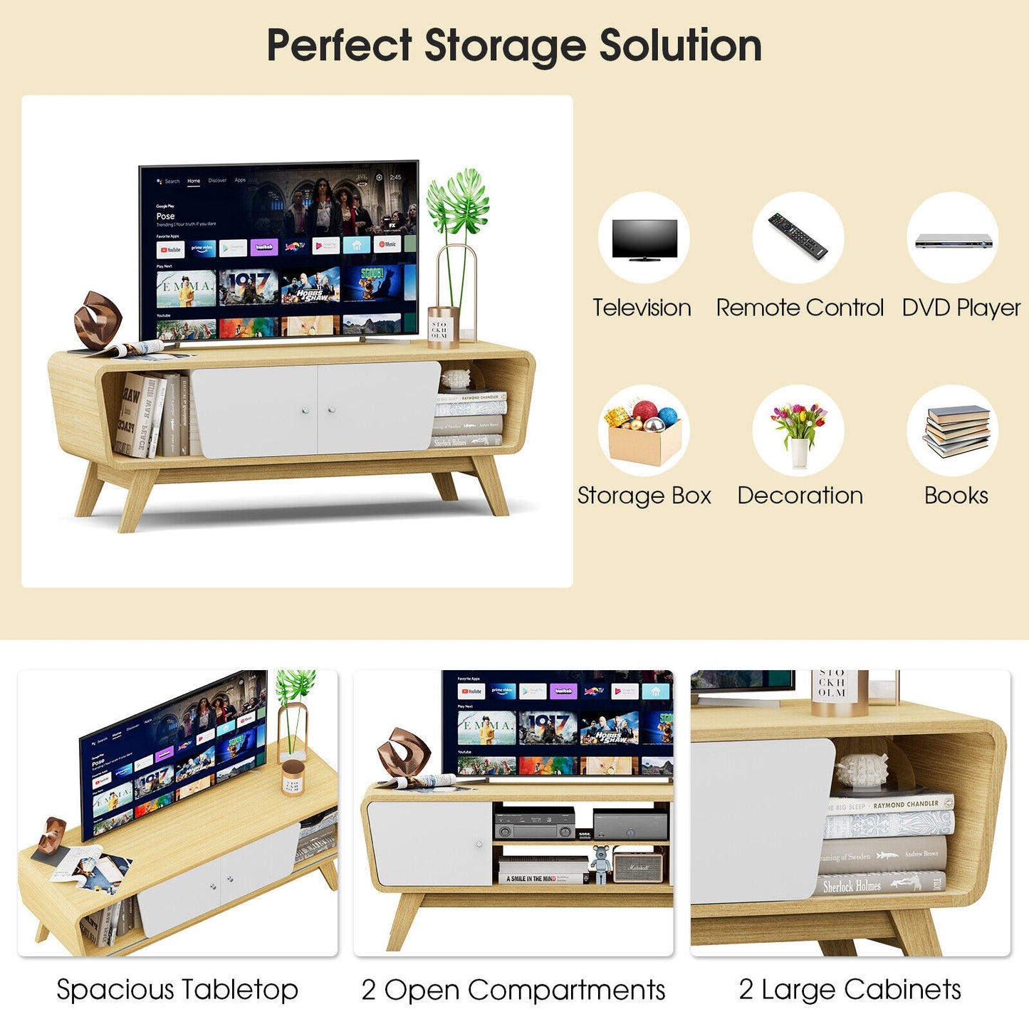 Mid Century Modern TV Stand with Sliding Doors for TVs up to 55 Inches in Natural Finish