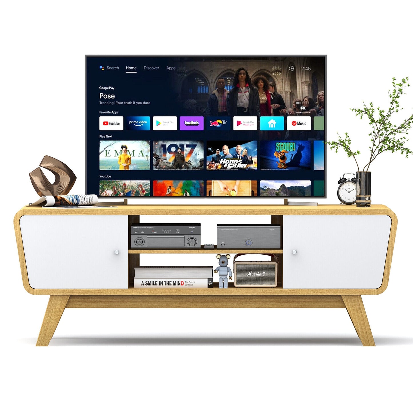 Mid Century Modern TV Stand with Sliding Doors for TVs up to 55 Inches in Natural Finish