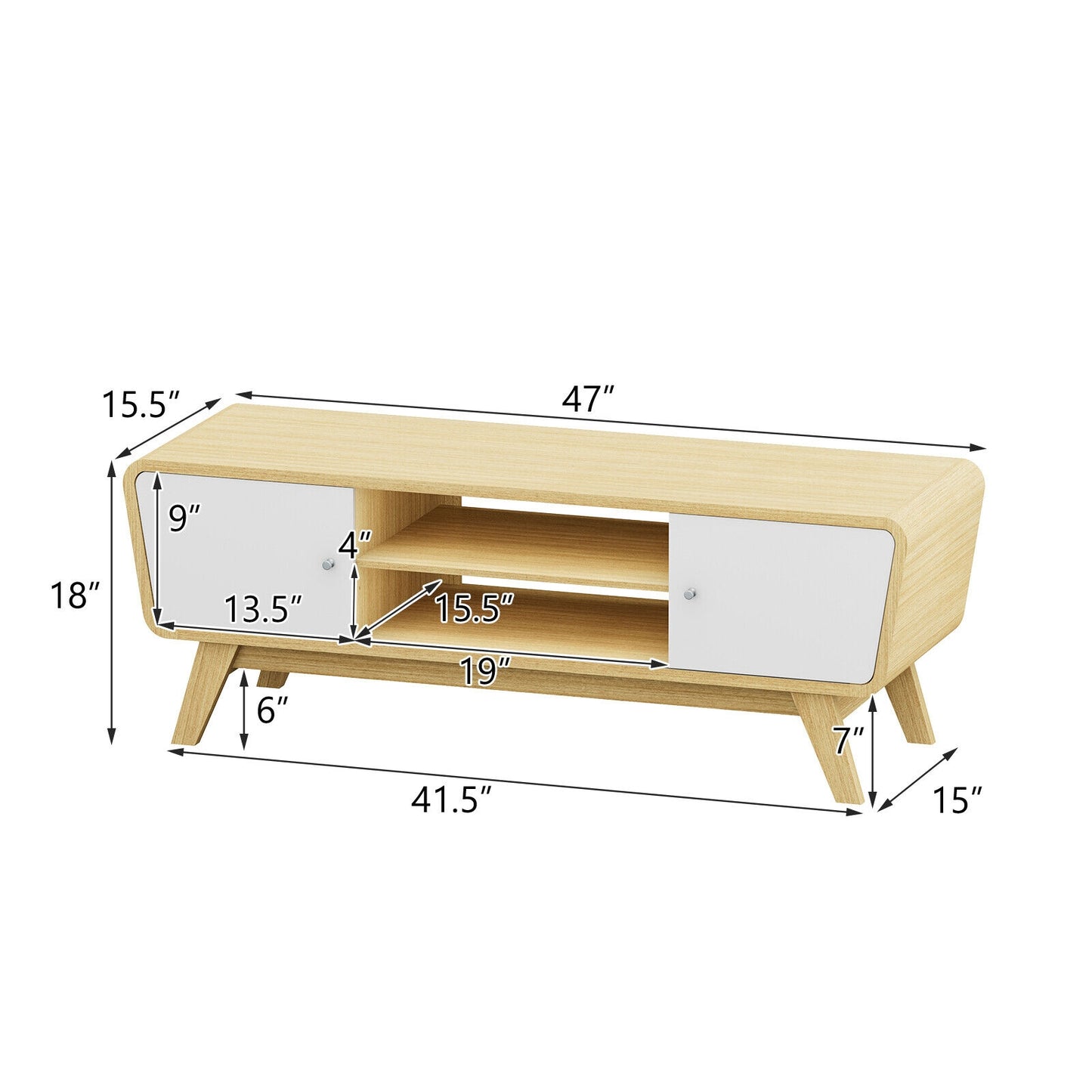 Mid Century Modern TV Stand with Sliding Doors for TVs up to 55 Inches in Natural Finish
