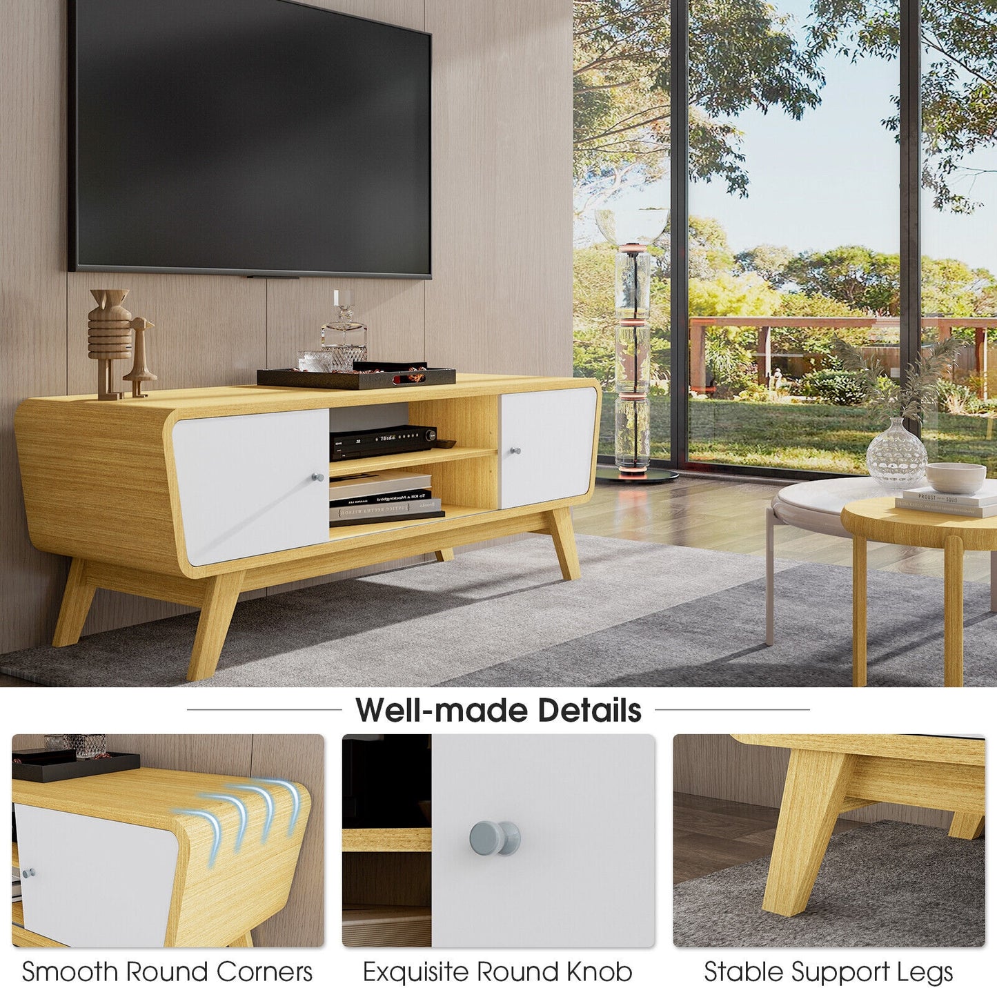 Mid Century Modern TV Stand with Sliding Doors for TVs up to 55 Inches in Natural Finish