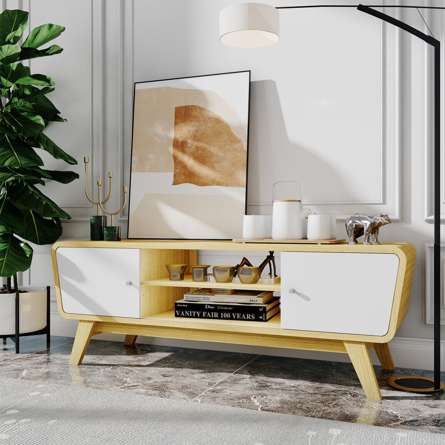 Mid Century Modern TV Stand with Sliding Doors for TVs up to 55 Inches in Natural Finish