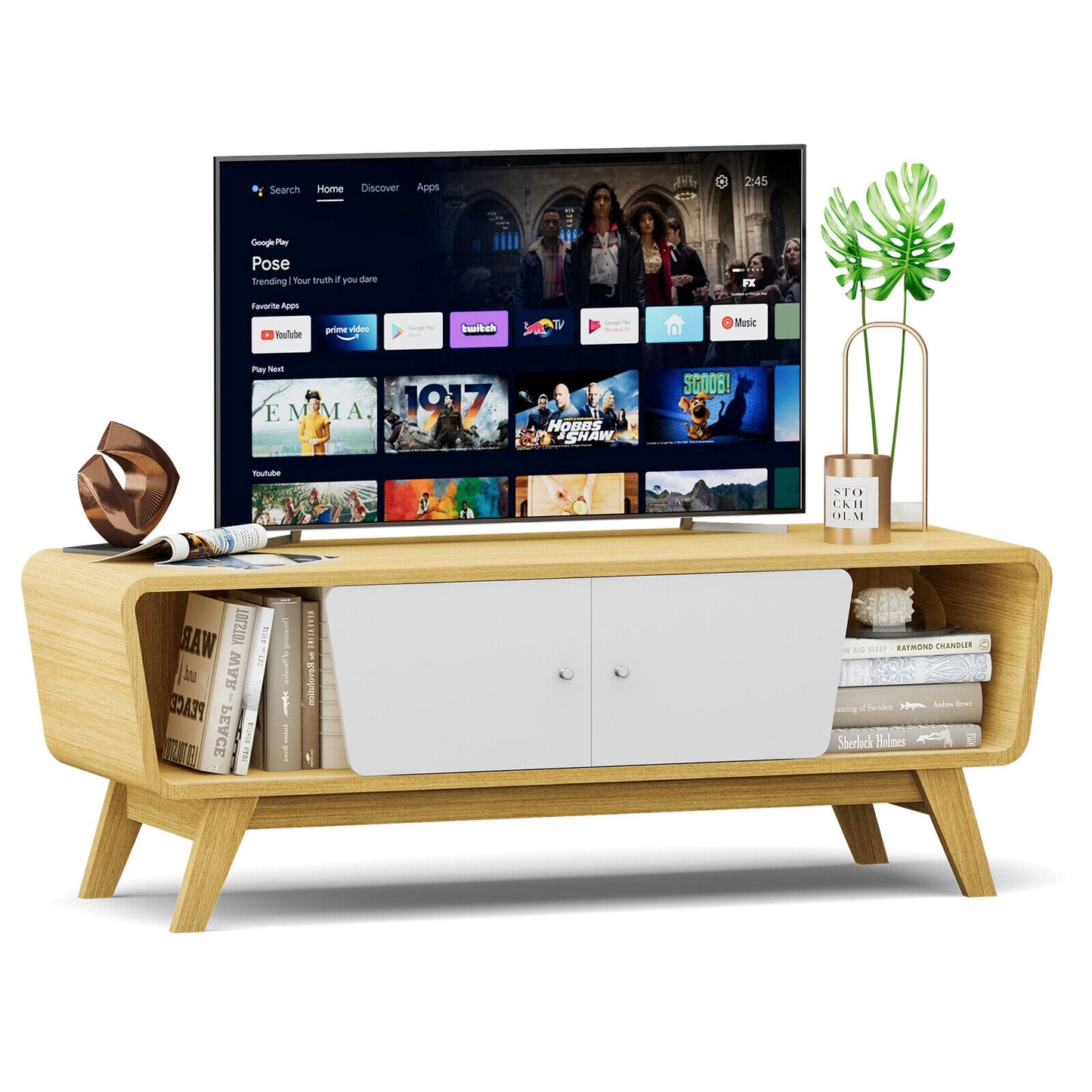 Mid Century Modern TV Stand with Sliding Doors for TVs up to 55 Inches in Natural Finish