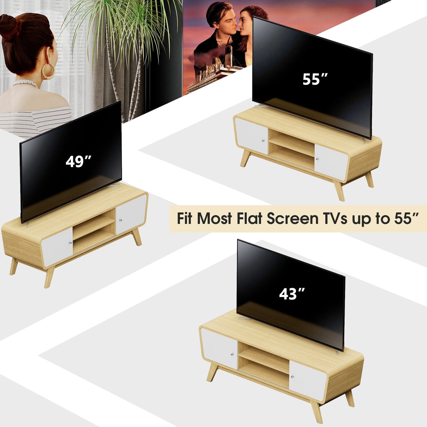 Mid Century Modern TV Stand with Sliding Doors for TVs up to 55 Inches in Natural Finish