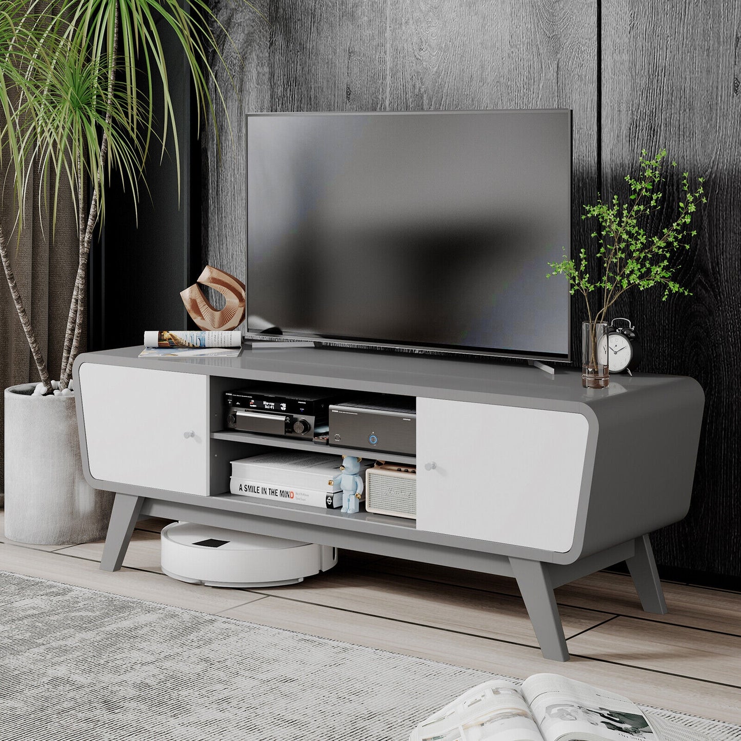 Mid Century Modern TV Stand with Sliding Doors for TVs up to 55 Inches in Grey Finish