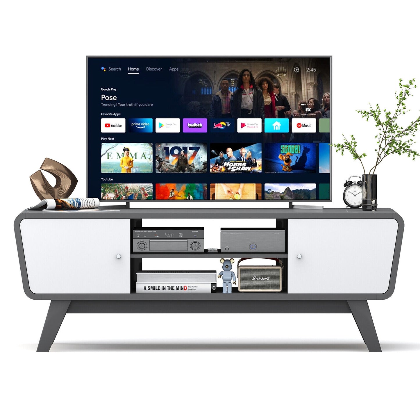 Mid Century Modern TV Stand with Sliding Doors for TVs up to 55 Inches in Grey Finish