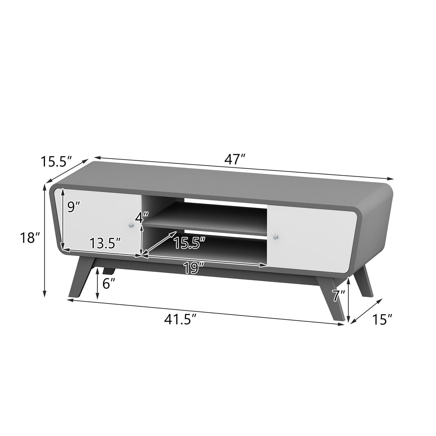 Mid Century Modern TV Stand with Sliding Doors for TVs up to 55 Inches in Grey Finish