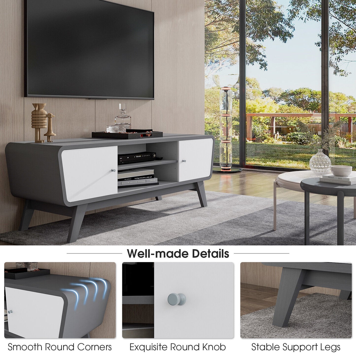 Mid Century Modern TV Stand with Sliding Doors for TVs up to 55 Inches in Grey Finish