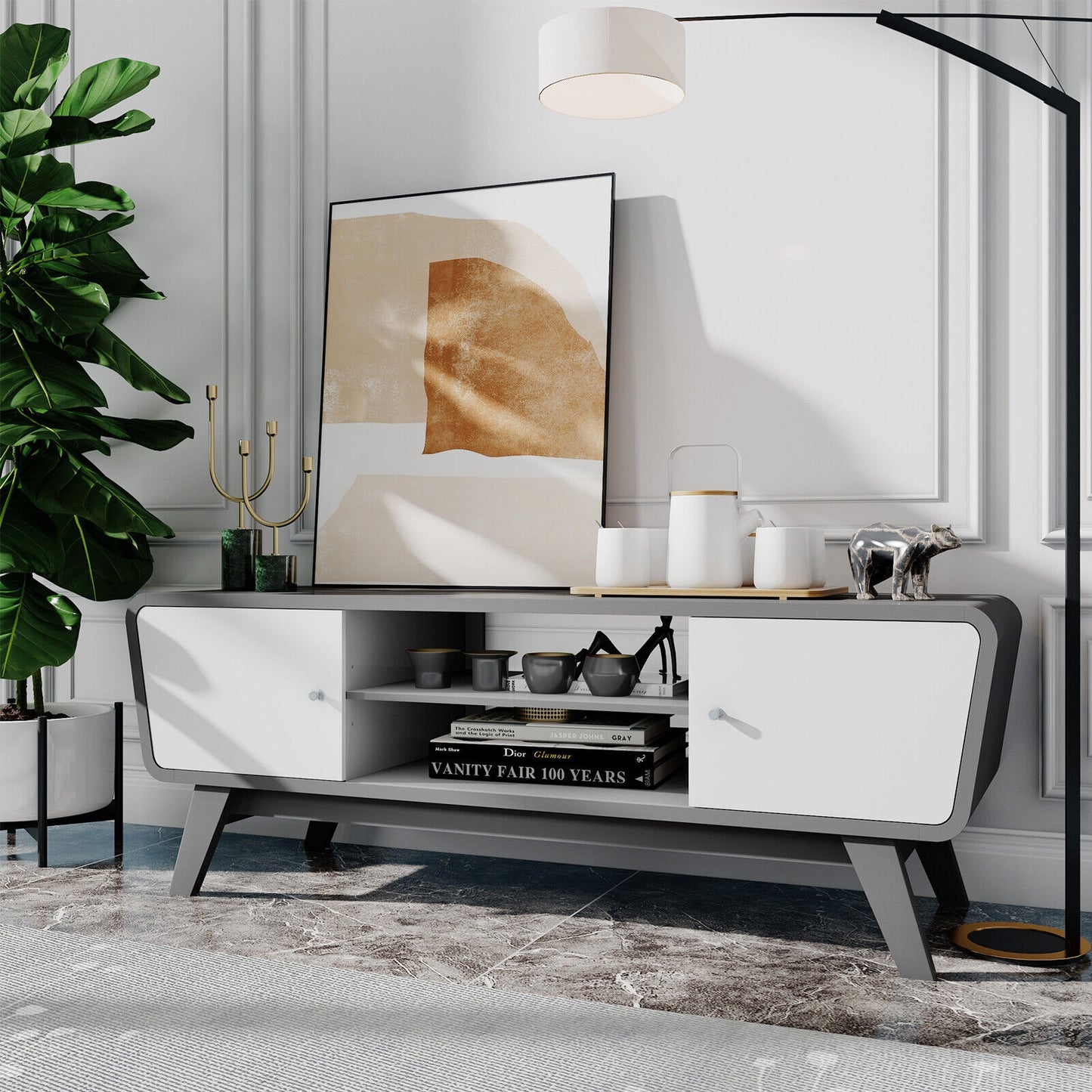 Mid Century Modern TV Stand with Sliding Doors for TVs up to 55 Inches in Grey Finish