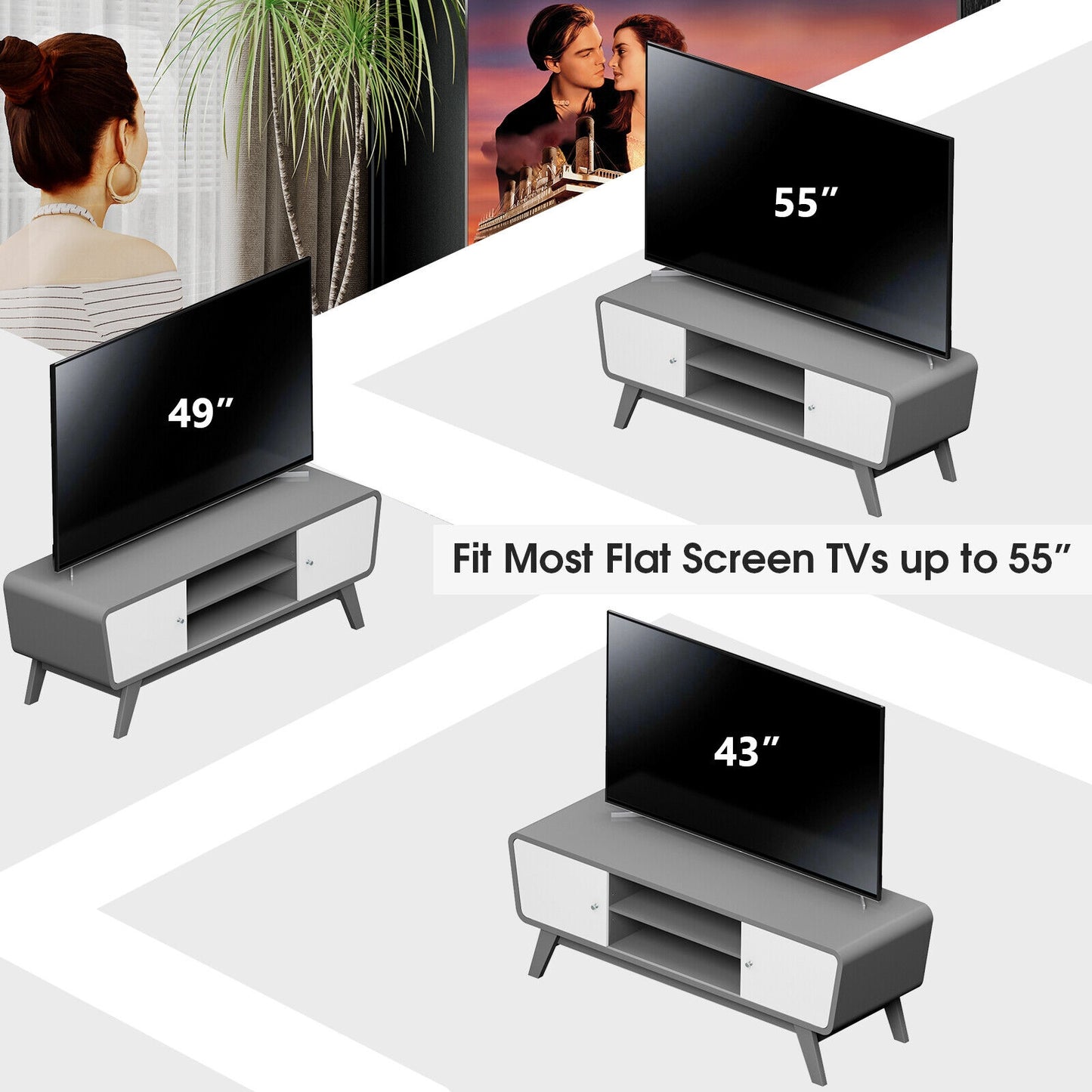 Mid Century Modern TV Stand with Sliding Doors for TVs up to 55 Inches in Grey Finish