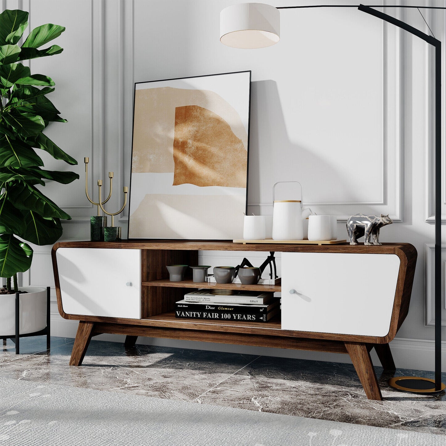 Mid Century Modern TV Stand with Sliding Doors for TVs up to 55 Inches in Walnut Finish