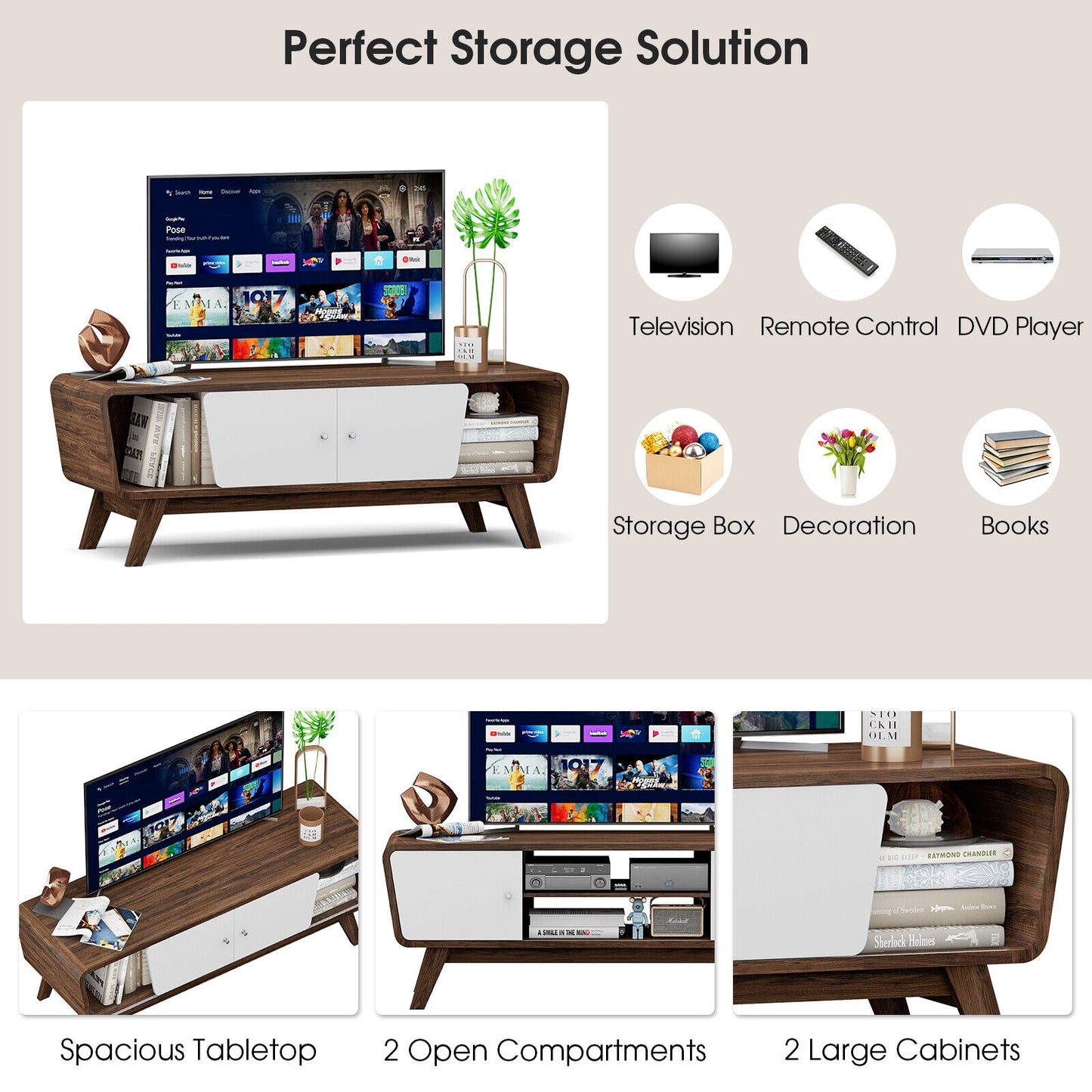 Mid Century Modern TV Stand with Sliding Doors for TVs up to 55 Inches in Walnut Finish