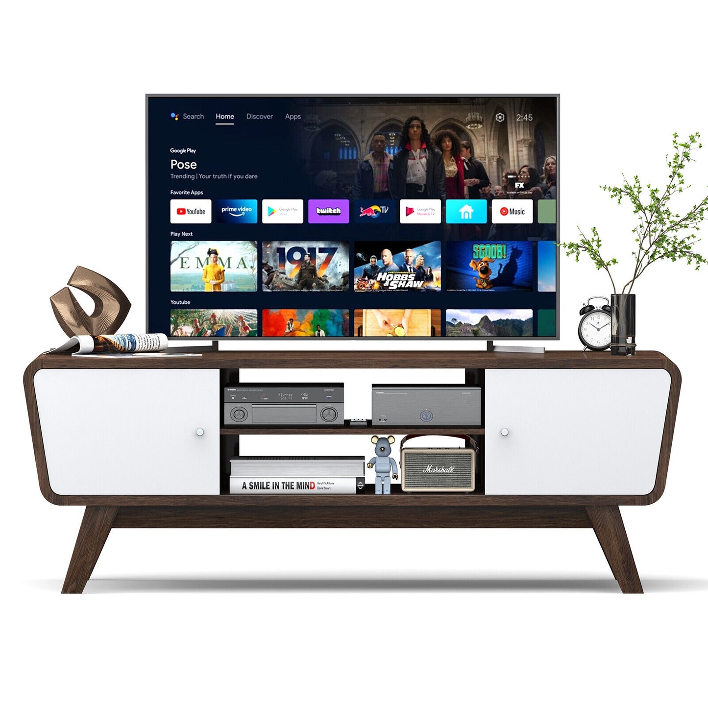 Mid Century Modern TV Stand with Sliding Doors for TVs up to 55 Inches in Walnut Finish