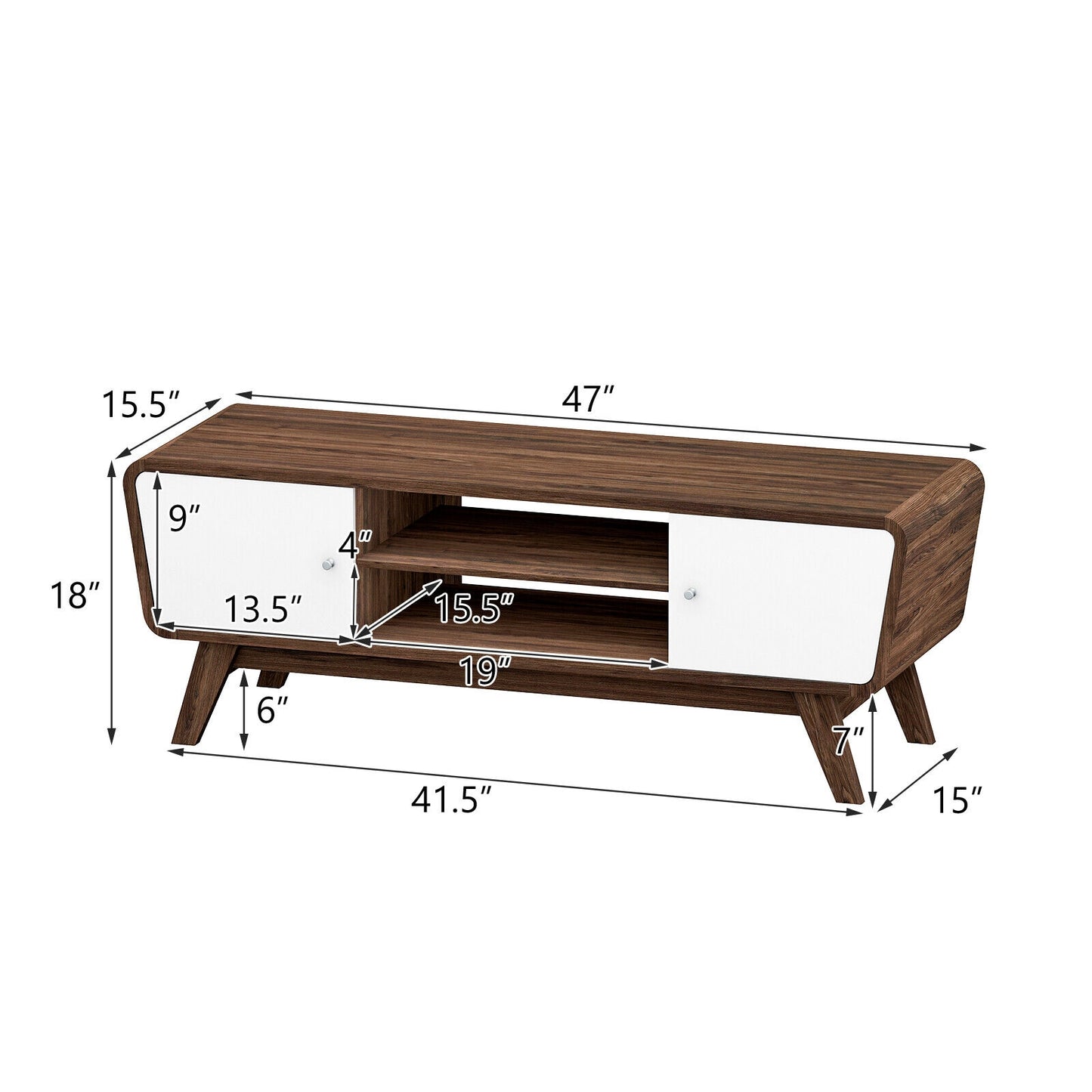 Mid Century Modern TV Stand with Sliding Doors for TVs up to 55 Inches in Walnut Finish