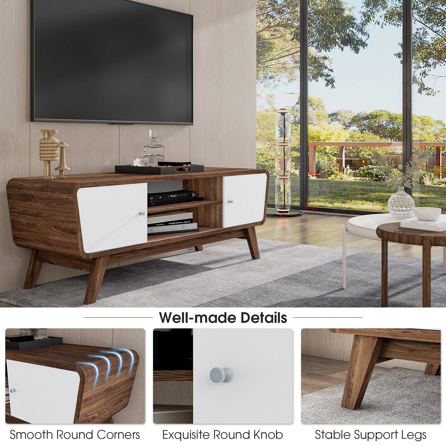 Mid Century Modern TV Stand with Sliding Doors for TVs up to 55 Inches in Walnut Finish