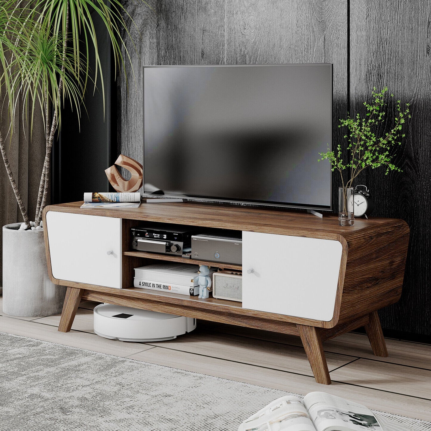 Mid Century Modern TV Stand with Sliding Doors for TVs up to 55 Inches in Walnut Finish