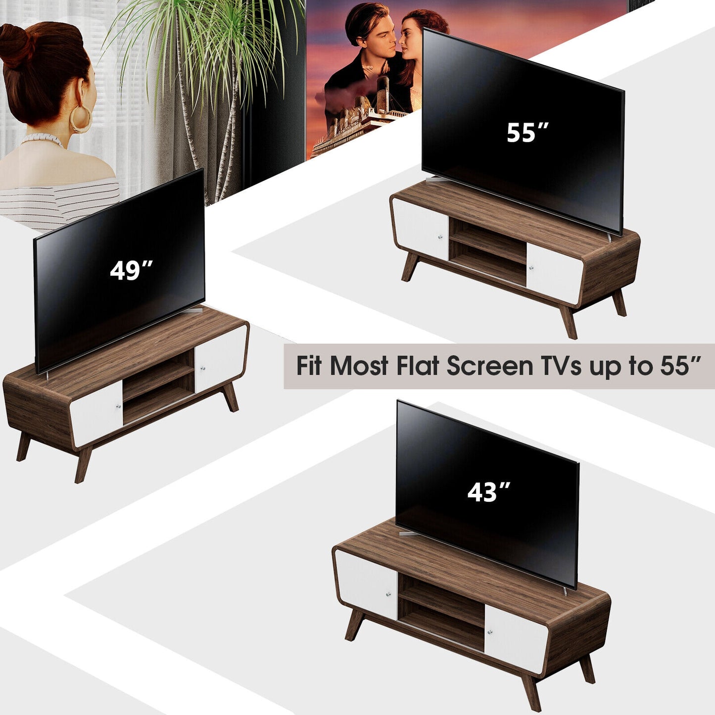 Mid Century Modern TV Stand with Sliding Doors for TVs up to 55 Inches in Walnut Finish