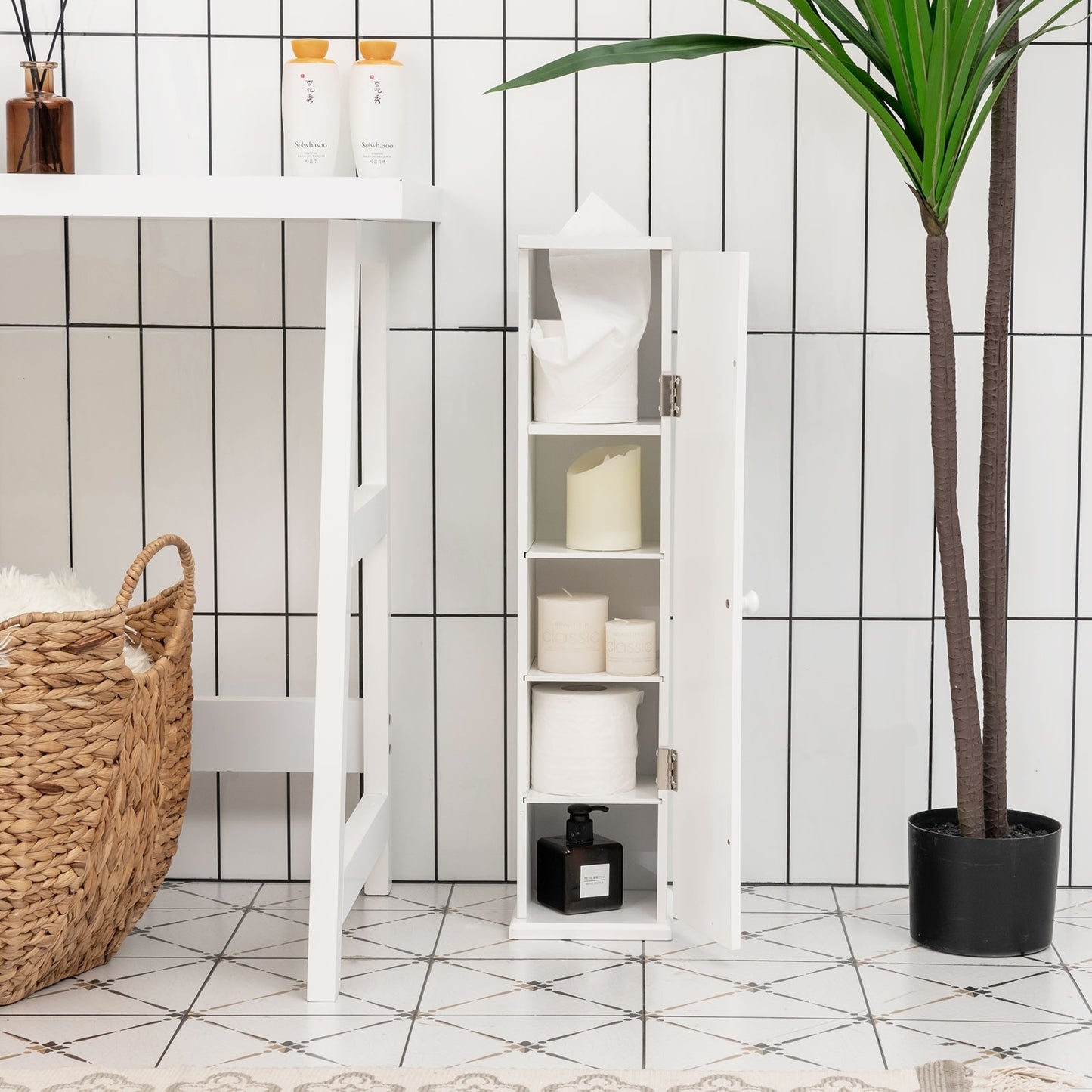 Freestanding Toilet Paper Holder with 4 Shelves and Top Storage Rack for Bathroom