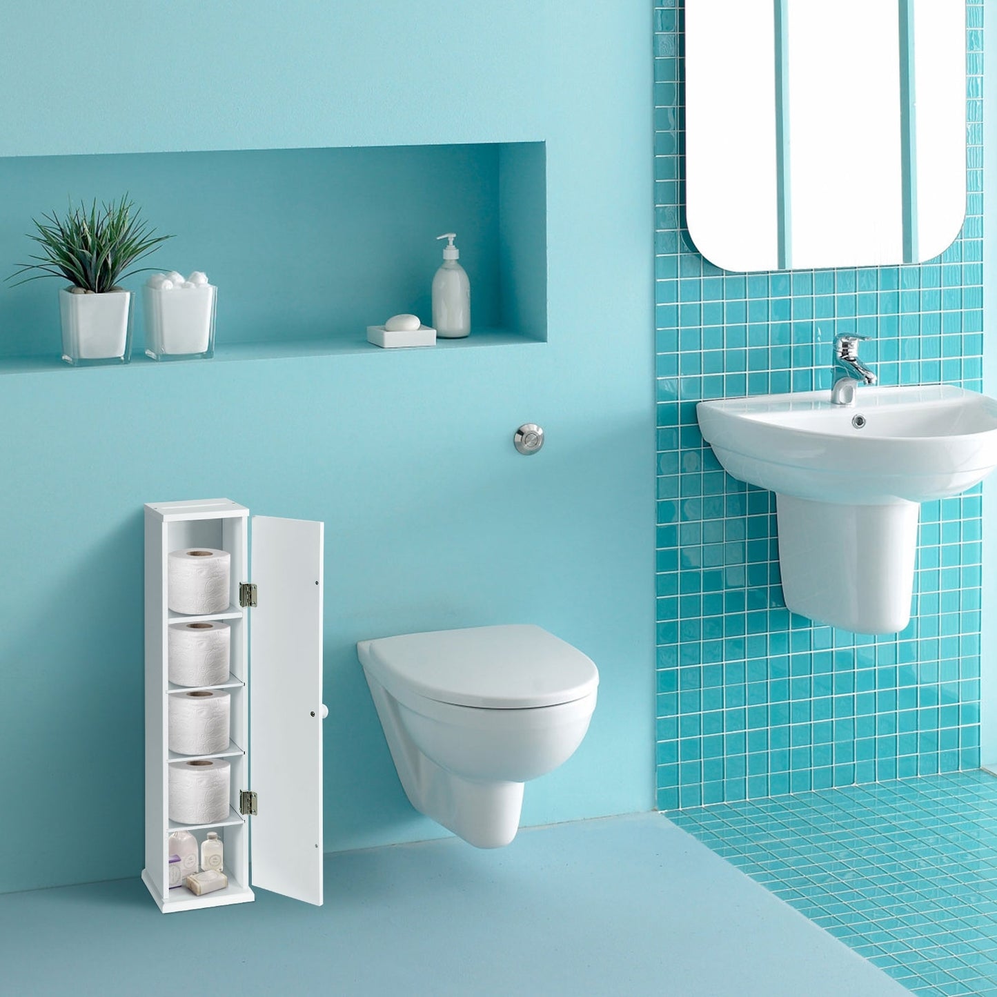 Freestanding Toilet Paper Holder with 4 Shelves and Top Storage Rack for Bathroom