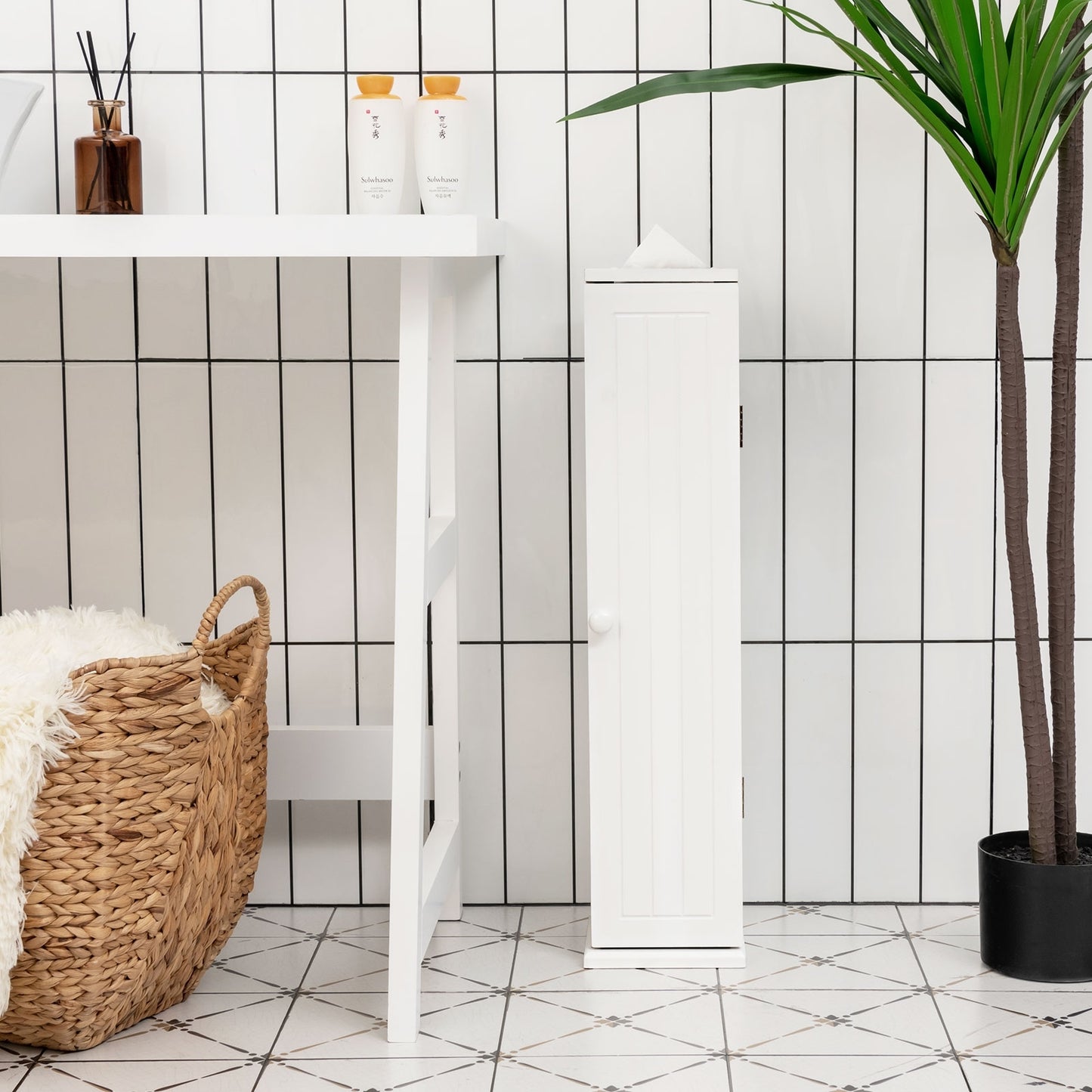 Freestanding Toilet Paper Holder with 4 Shelves and Top Storage Rack for Bathroom