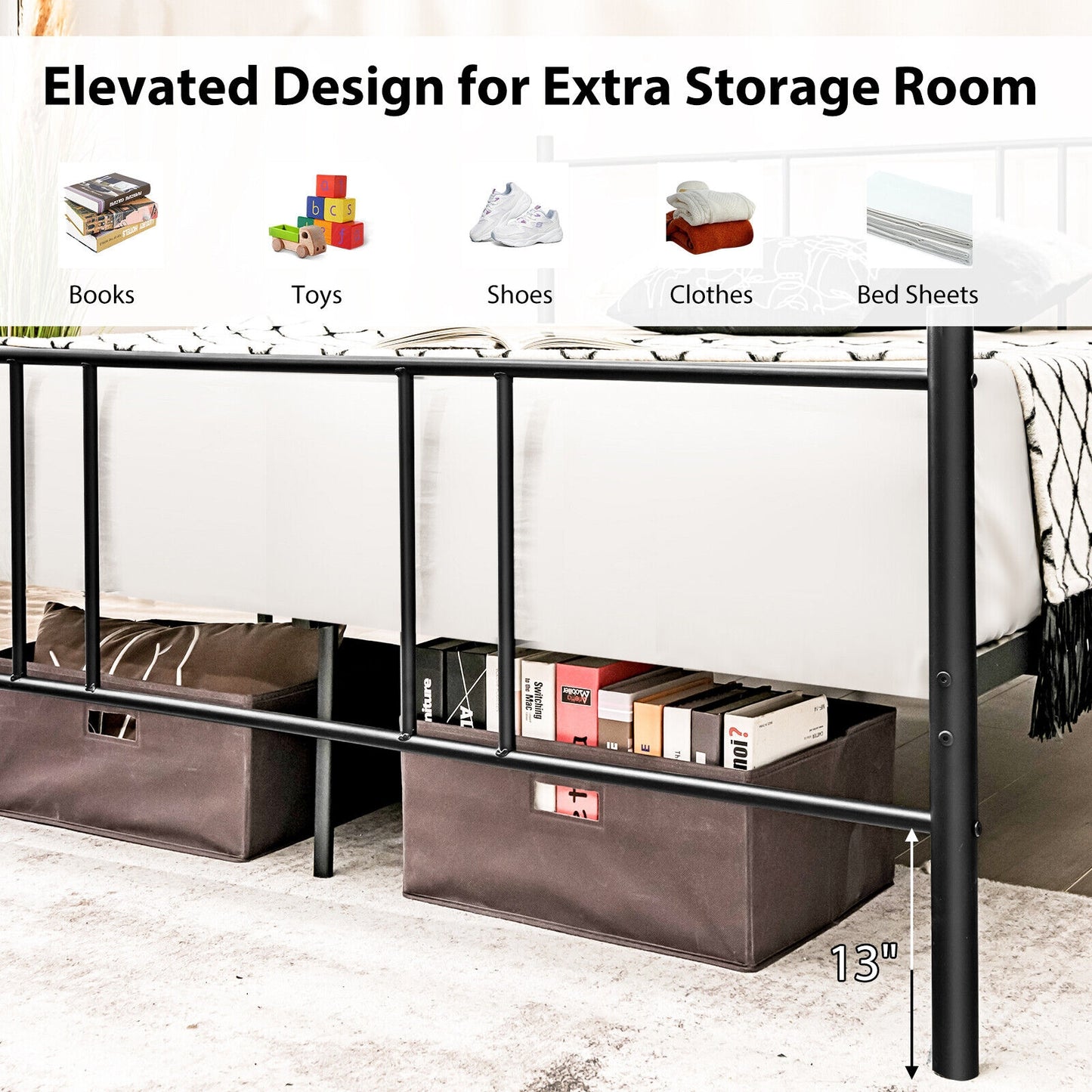 Elegant Steel Platform Bed Frame with High Headboard for Superior Comfort - Full/Queen Size