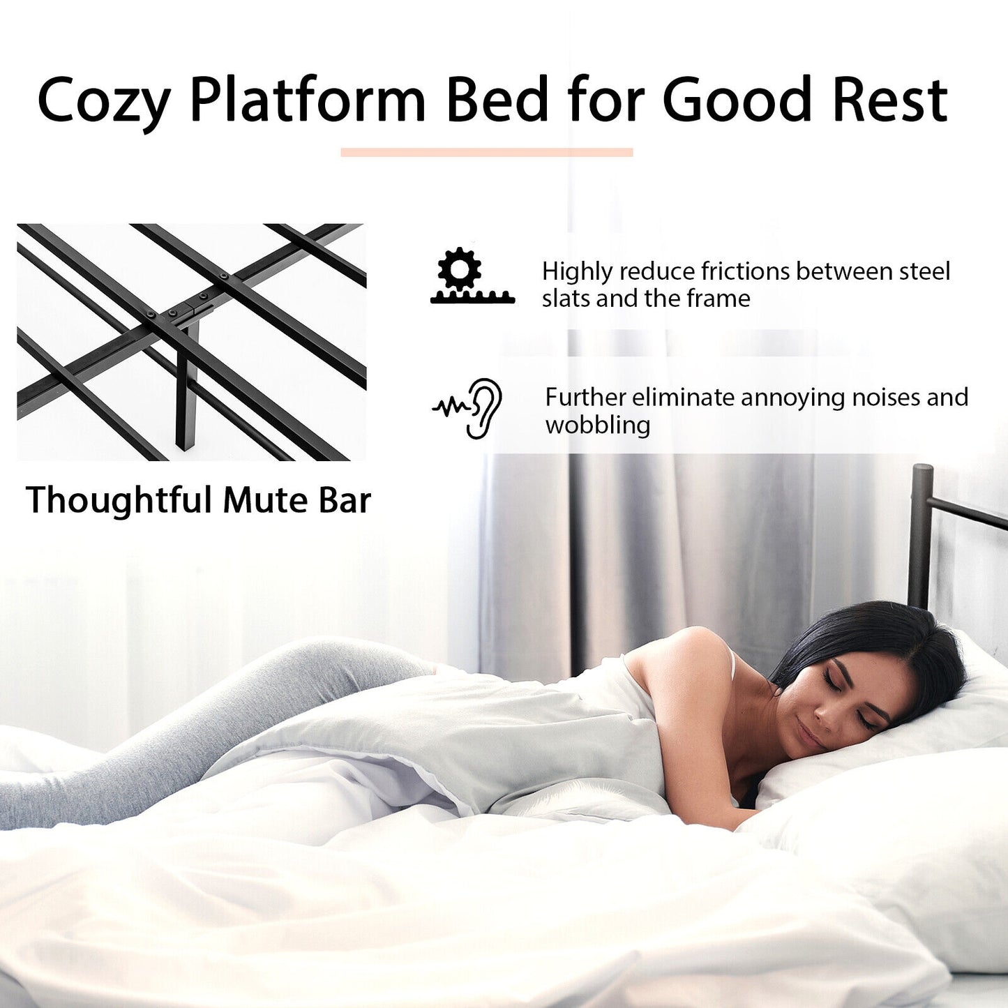 Elegant Steel Platform Bed Frame with High Headboard for Superior Comfort - Full/Queen Size