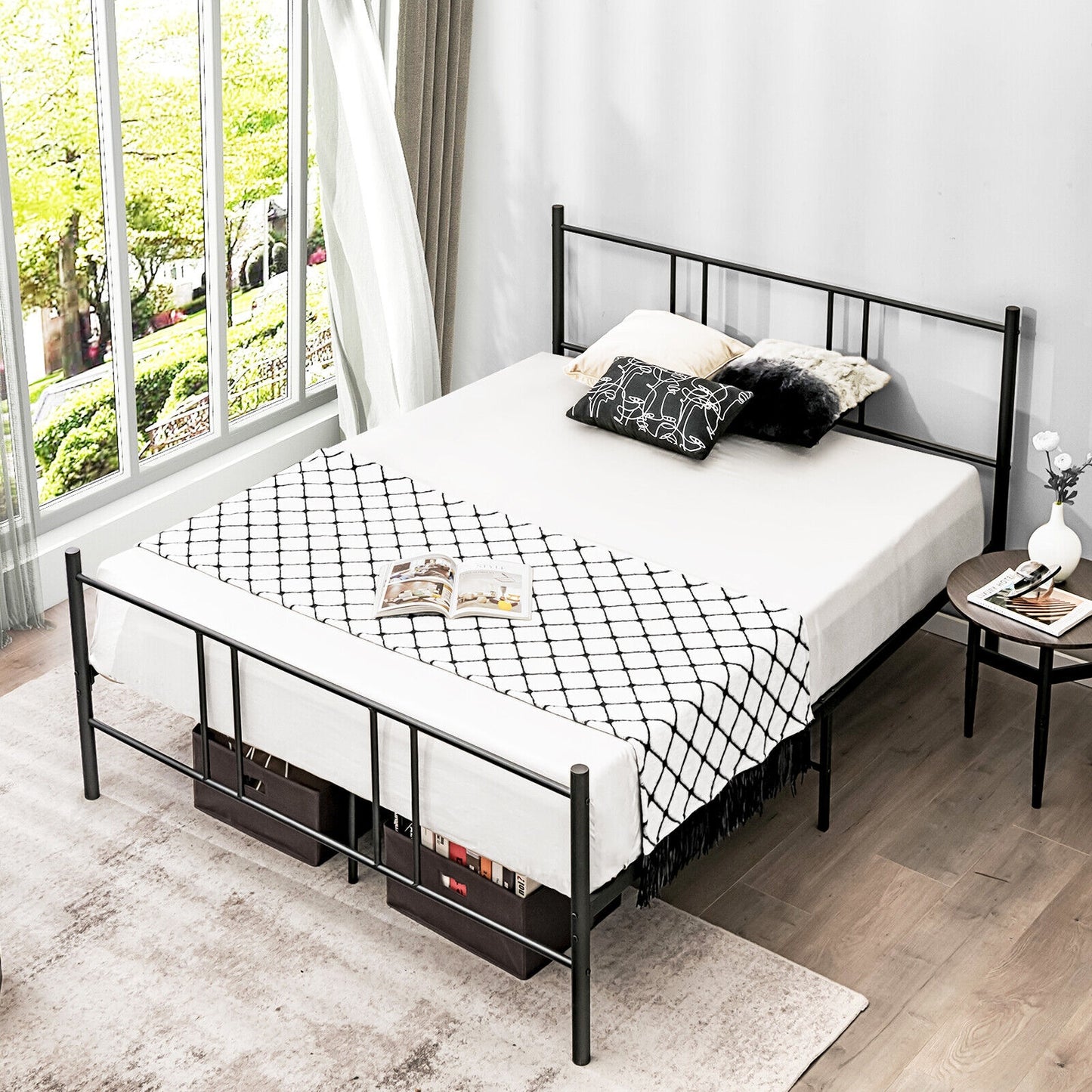 Elegant Steel Platform Bed Frame with High Headboard for Superior Comfort - Full/Queen Size